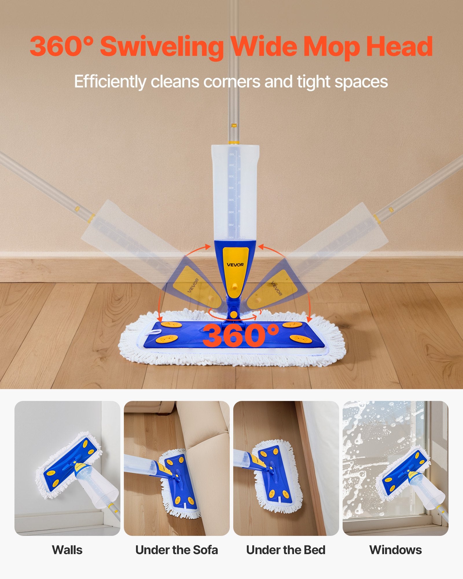 Spray Mop 3 Washable Pads 800ml Tank Microfiber Wet Cotton Dry Mop for Floors