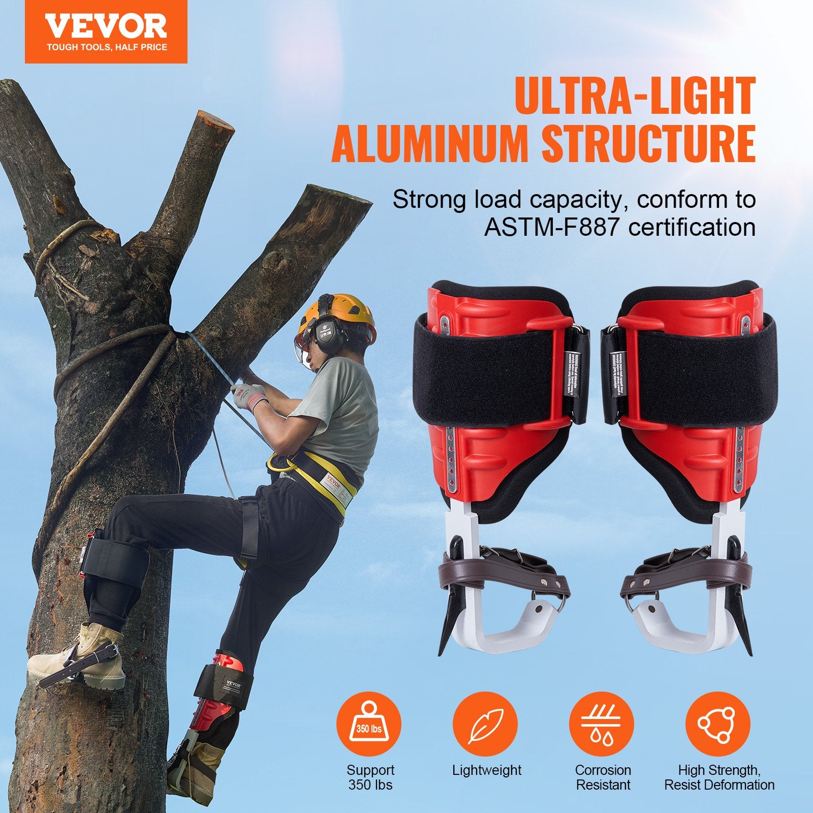 Tree Climbing Spikes 1 Pair Aluminum Spurs 350LBS with Straps Protectors Red