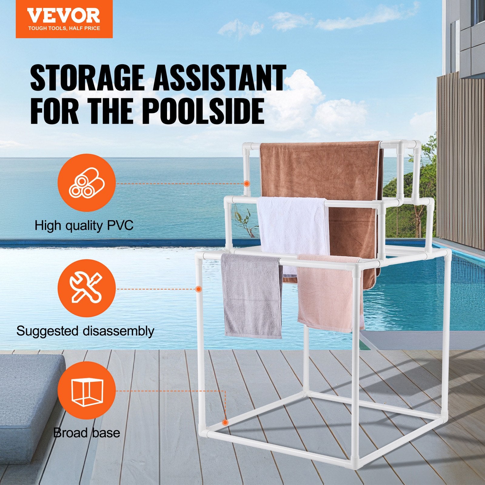 Towel Rack 8-Bar Outdoor PVC Freestanding Pool Towel Holder White Organizer