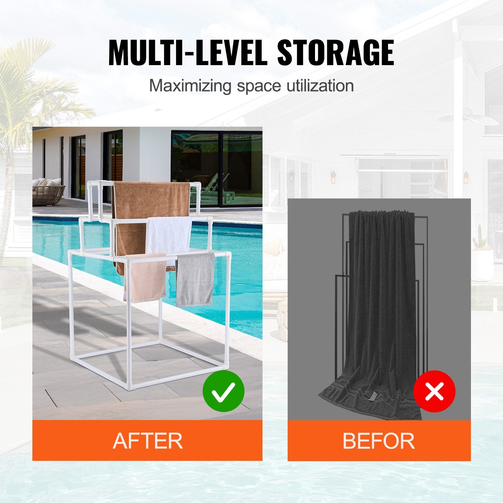 Towel Rack 8-Bar Outdoor PVC Freestanding Pool Towel Holder White Organizer