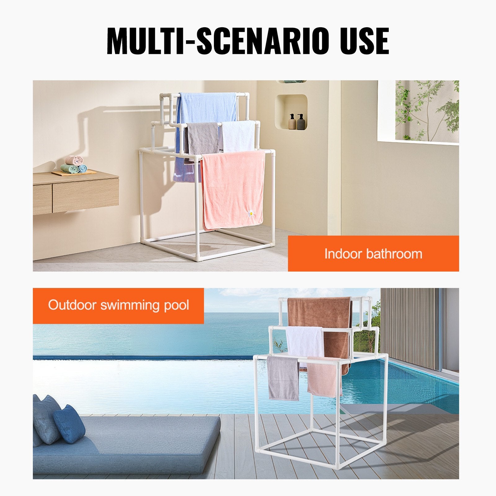 Towel Rack 8-Bar Outdoor PVC Freestanding Pool Towel Holder White Organizer