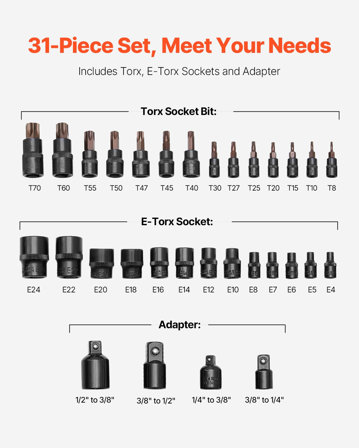 Torx Bit Socket External Torx Set 31-Piece T8-T70 E4-E24 Adapter Storage Case