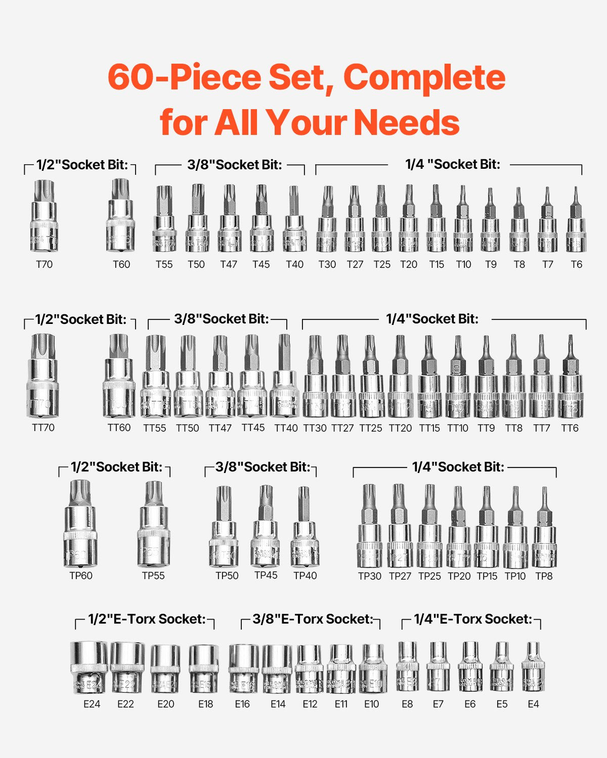 Torx Bit Socket External Torx Set 60-Piece T6-T70 TT6-TT70 TP8-TP60 E4-E24