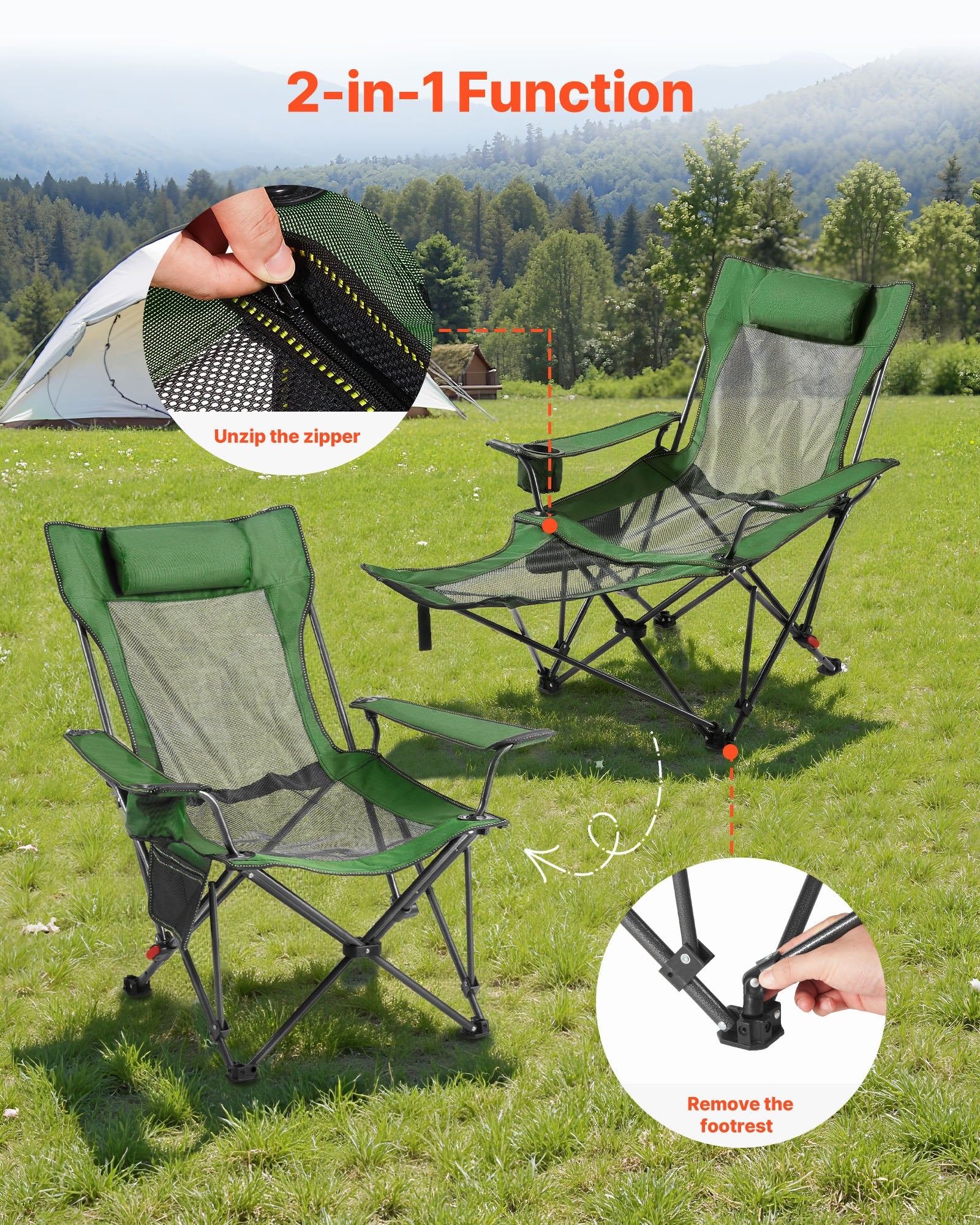 Reclining Camping Chair 4 Position Folding Lounger Mesh Headrest Footrest Green