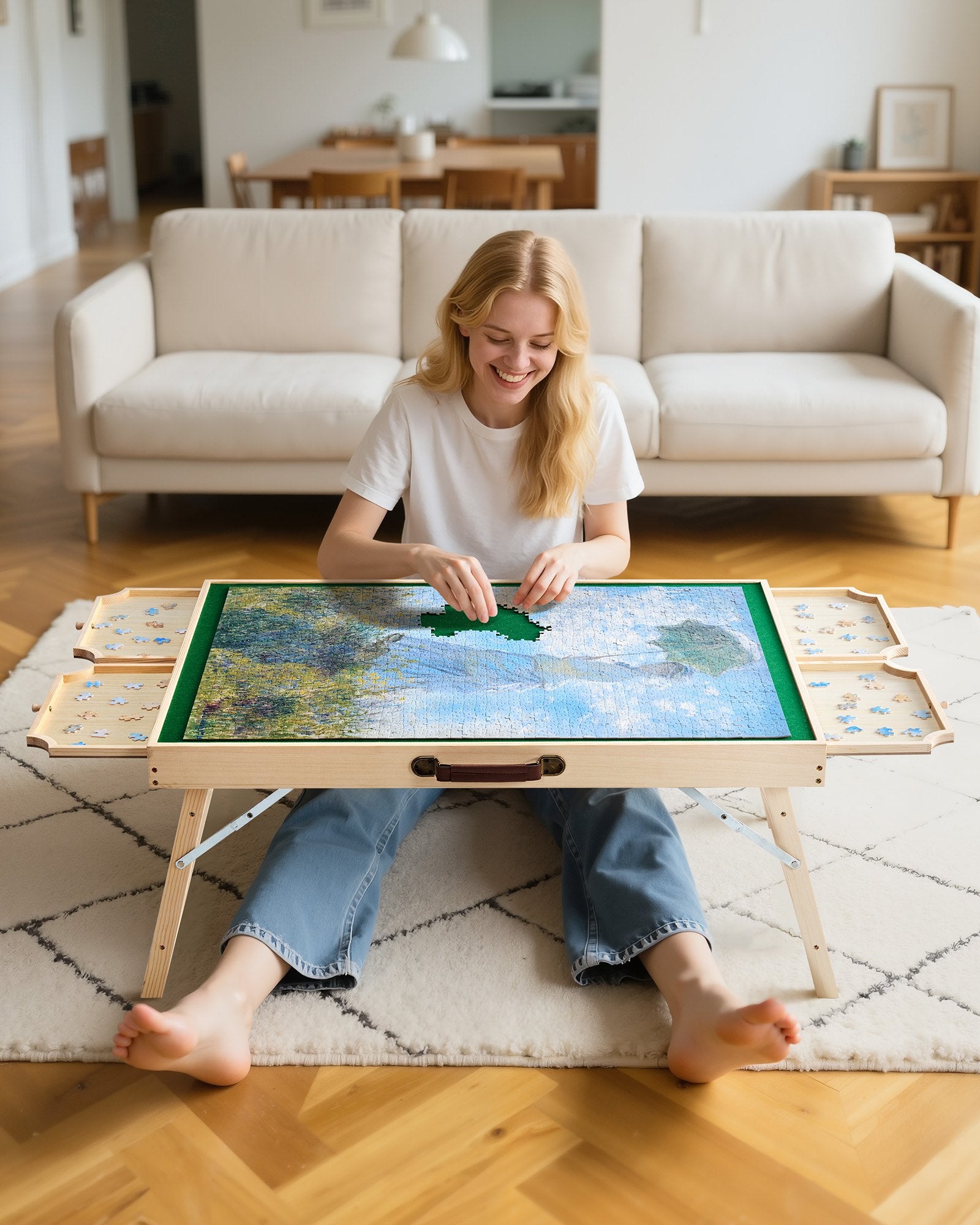 Puzzle Table with Folding Legs 4 Drawer Portable Wooden Board Adjustable 86x63cm