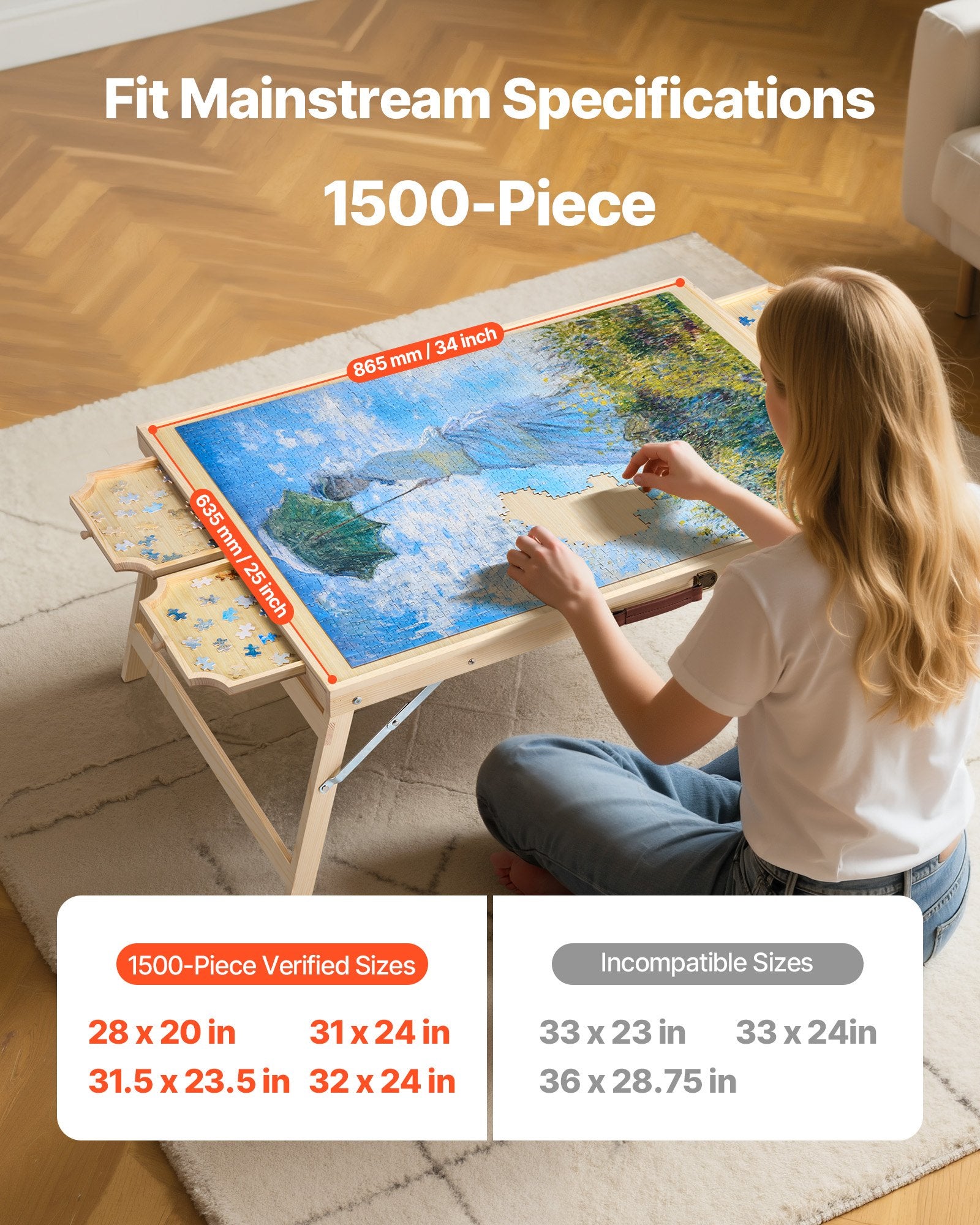 Puzzle Table with Folding Legs 4 Drawer Portable Wooden Board Adjustable 86x63cm