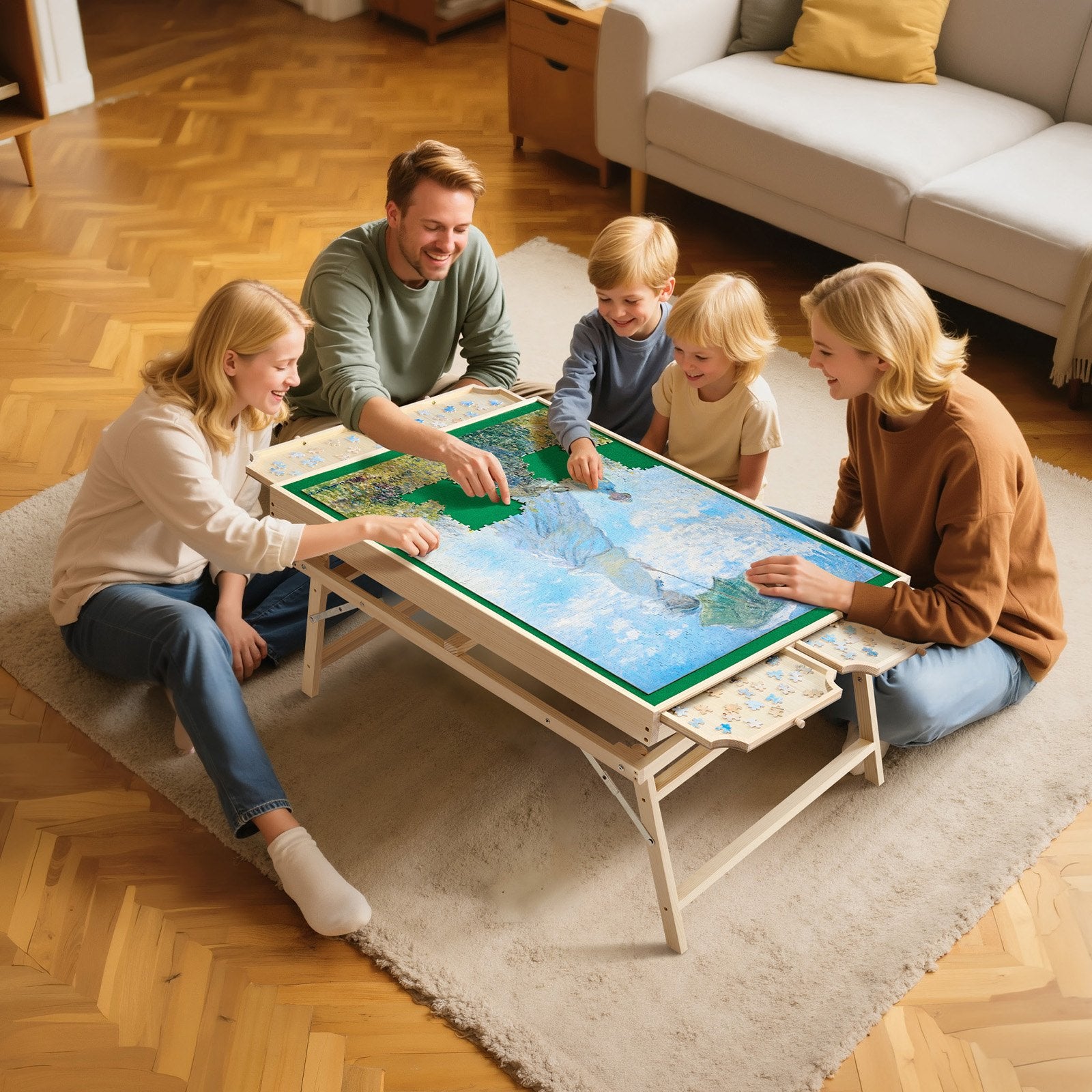 Puzzle Table with Folding Legs 4 Drawer Portable Wooden Board Adjustable 86x63cm