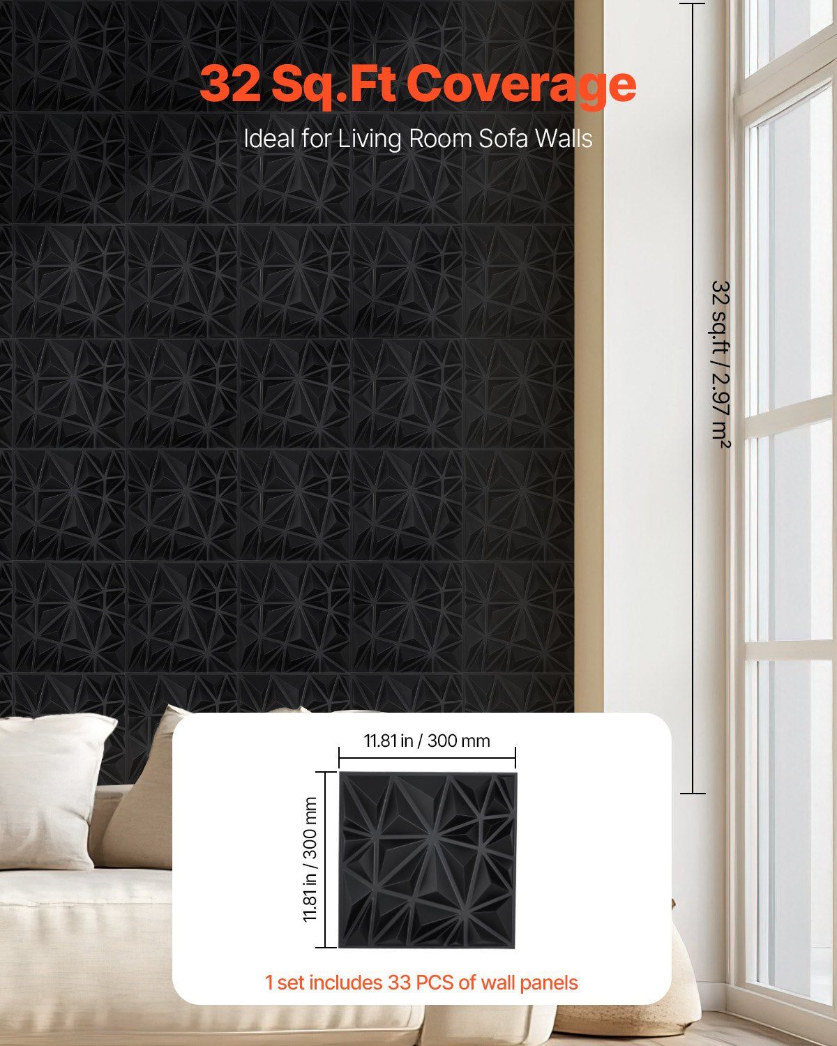 3D Wall Panels 33-Pack 30x30cm PVC Diamond Tiles 2.97m² Matte Black Home Decor