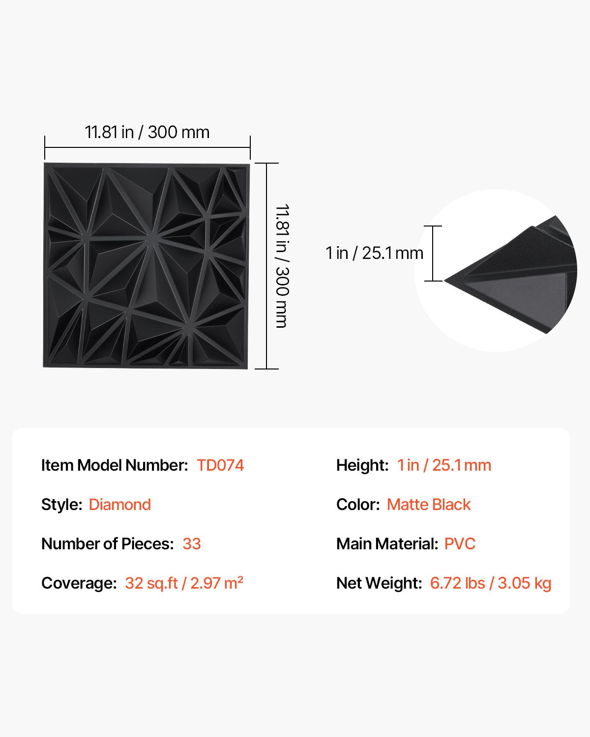 3D Wall Panels 33-Pack 30x30cm PVC Diamond Tiles 2.97m² Matte Black Home Decor