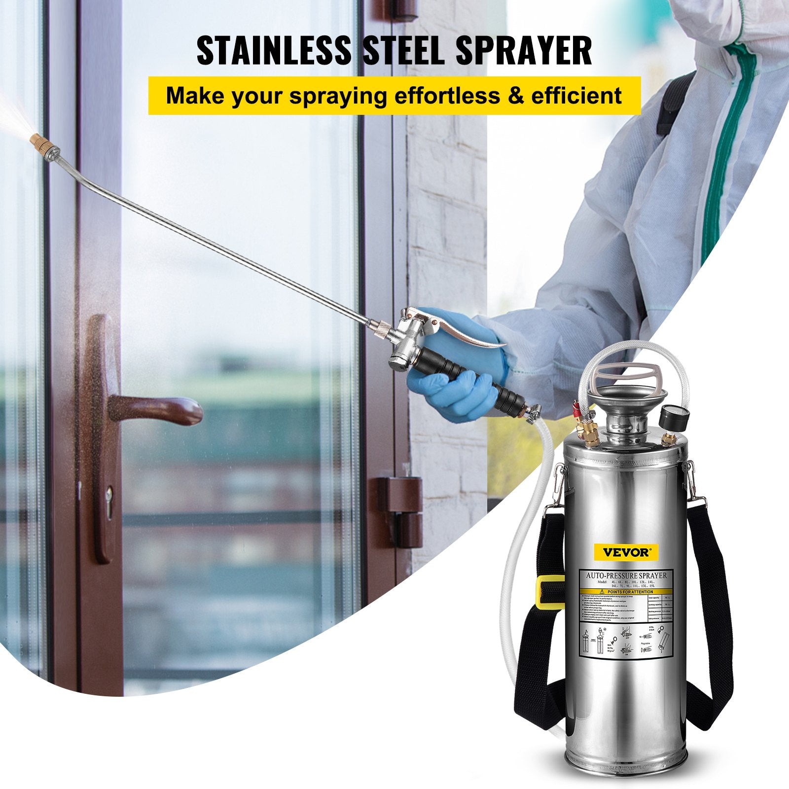 3Gal Stainless Steel Sprayer with 20in Wand Handle 3ft Hose Pressure Gauge Valve