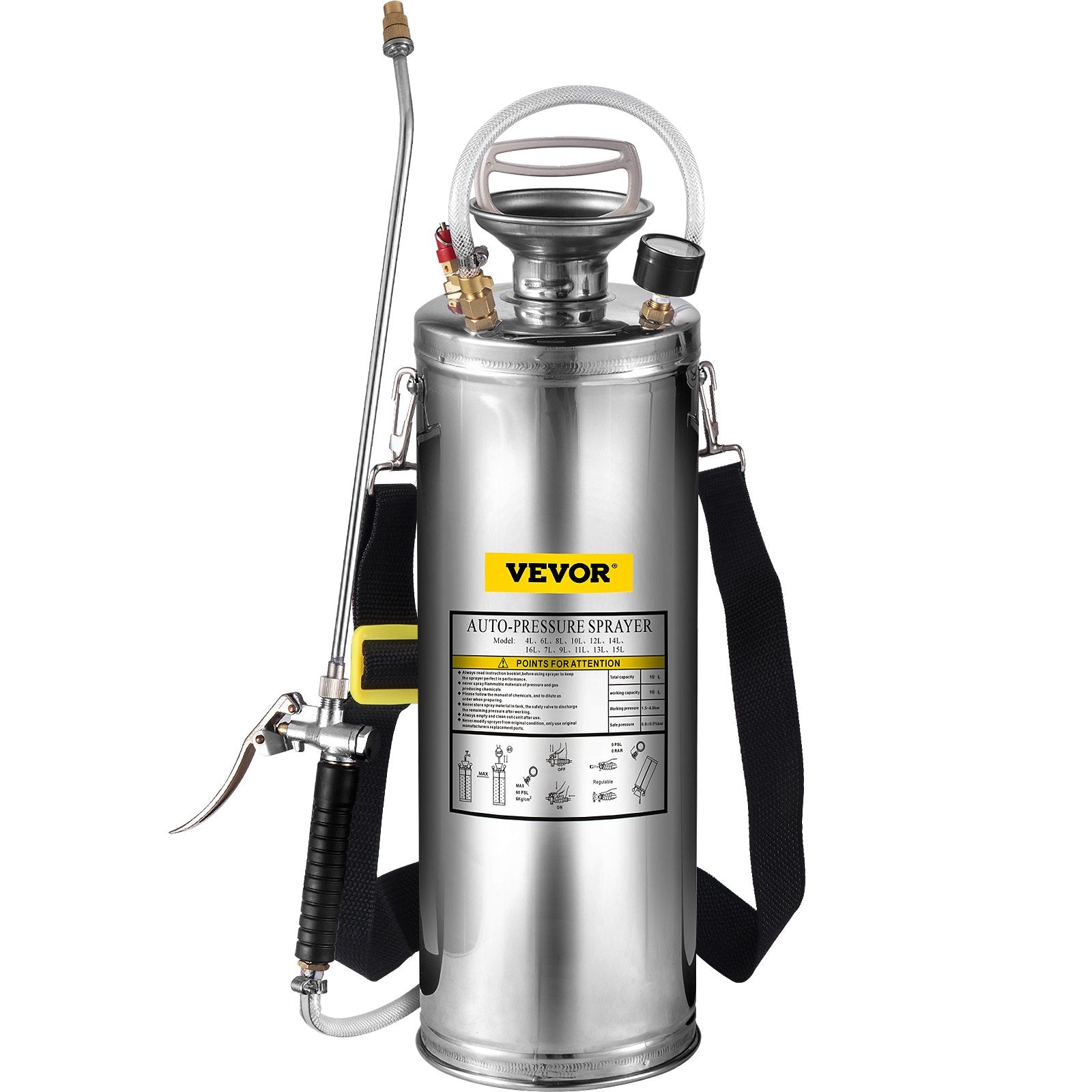 3Gal Stainless Steel Sprayer with 20in Wand Handle 3ft Hose Pressure Gauge Valve