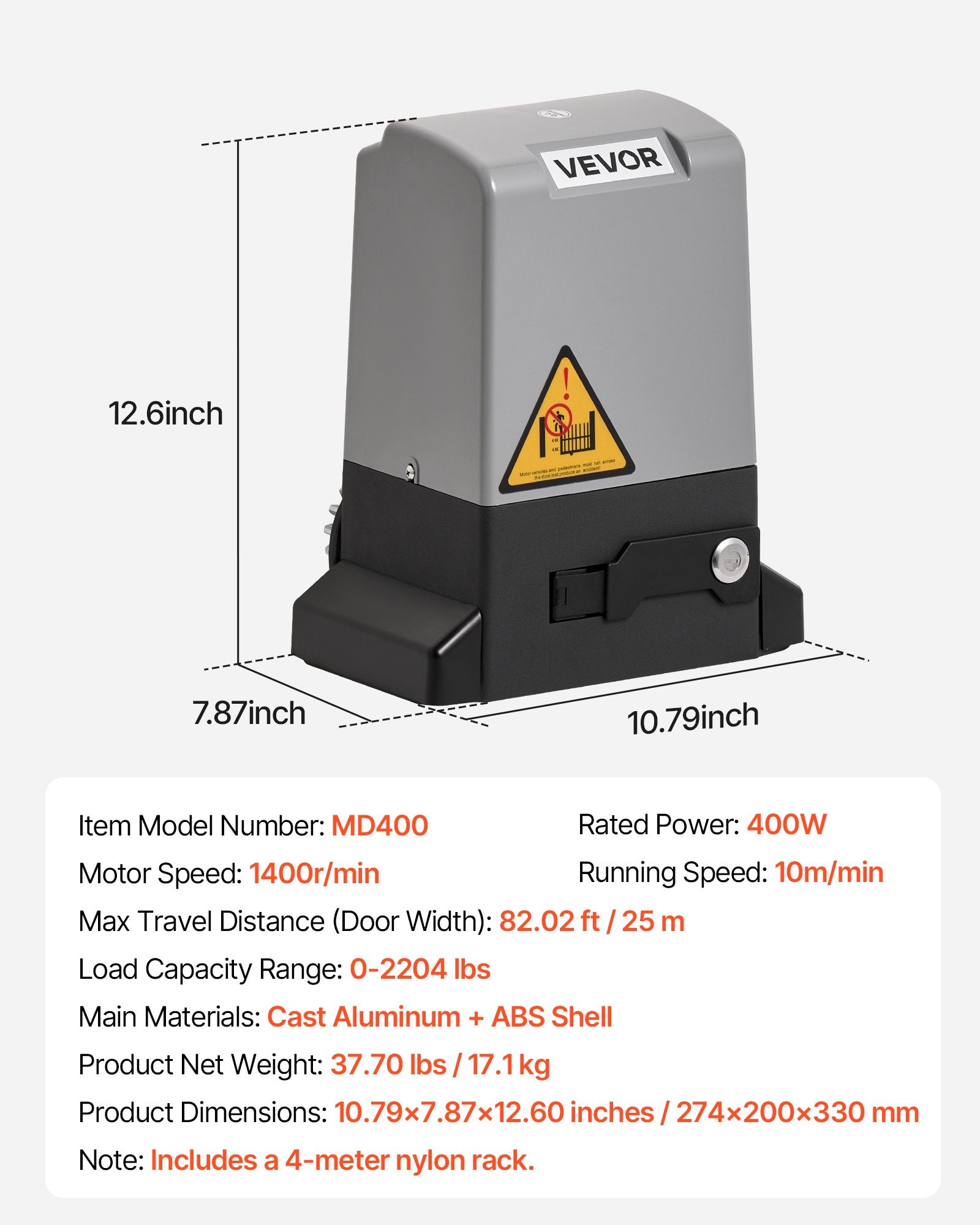 400W Automatic Sliding Gate Opener for Gates up to 25m and 1000kg with Remote