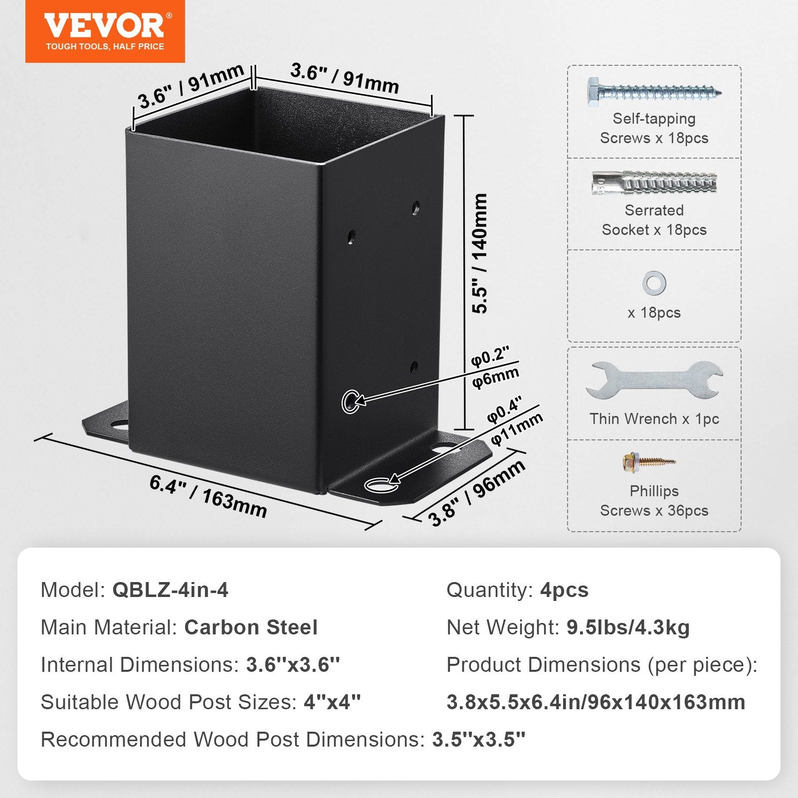 101.6x101.6mm Post Base 4pcs Heavy Duty Powder-Coated Matte Black Wood Brackets