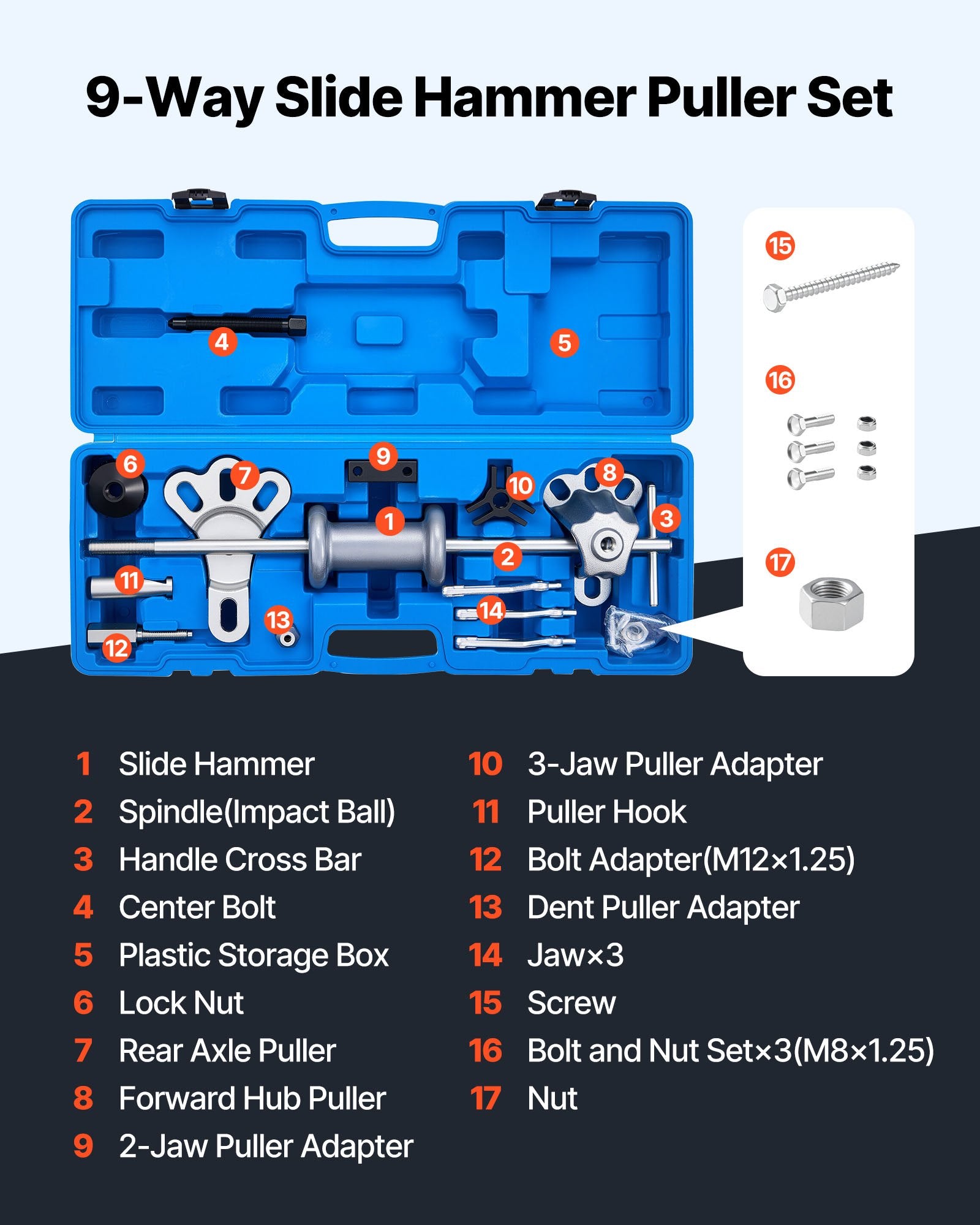 9-Way Slide Hammer Puller Set 15PCS Front Rear Wheel Hub Bearing Remover