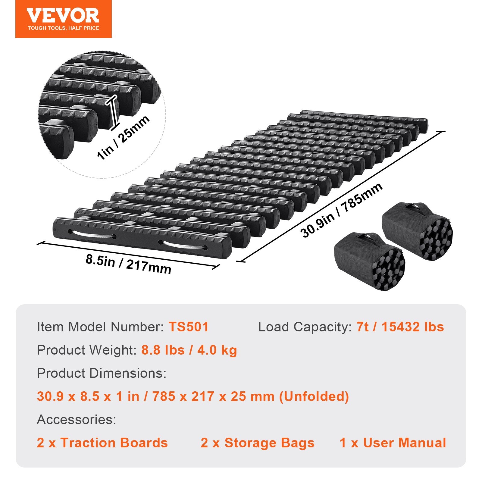 7 Ton Short Traction Boards Recovery Mats for Off-Road Vehicles Black