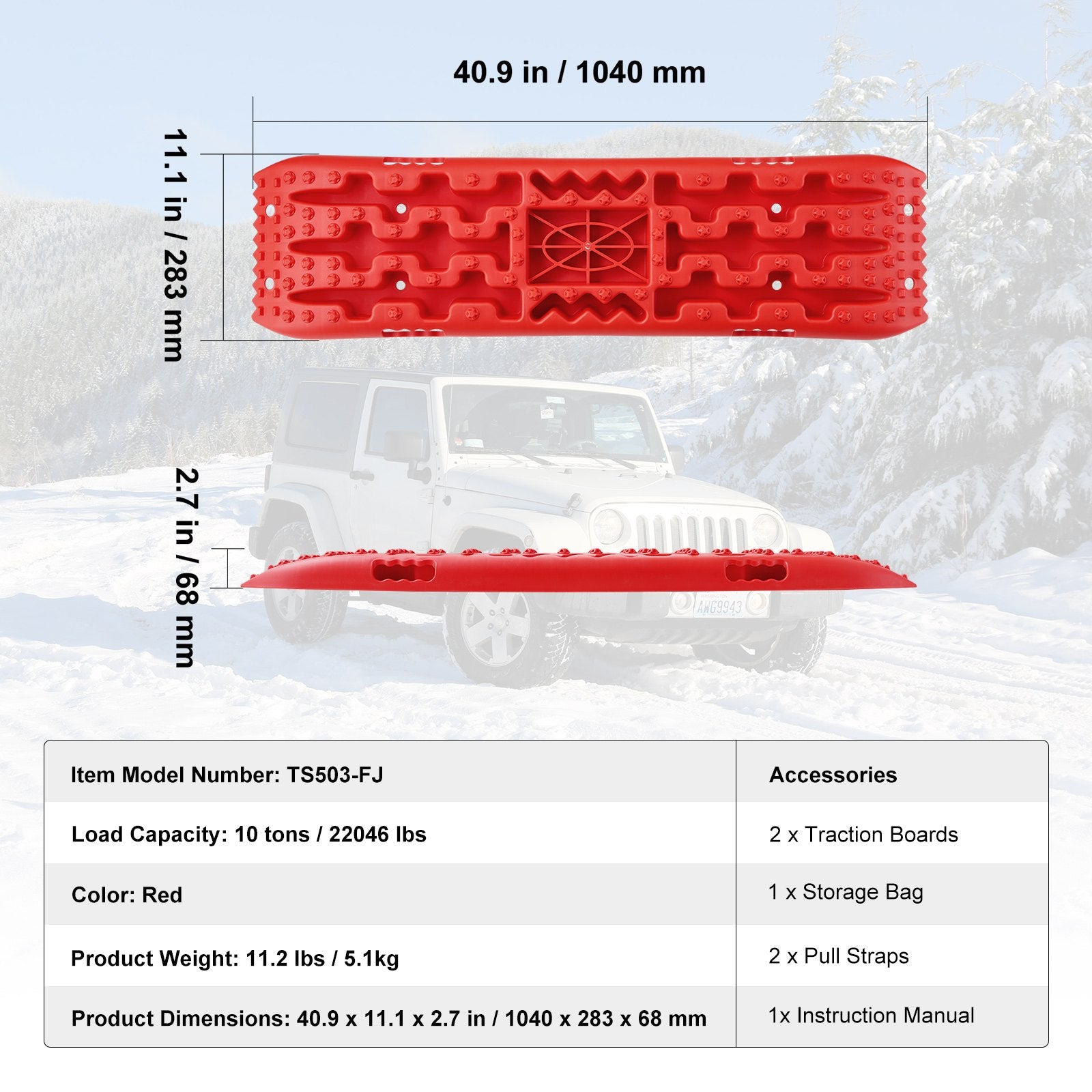 10 TON Traction Boards PP Recovery Mats for Off-Road Vehicles Pair Long Red
