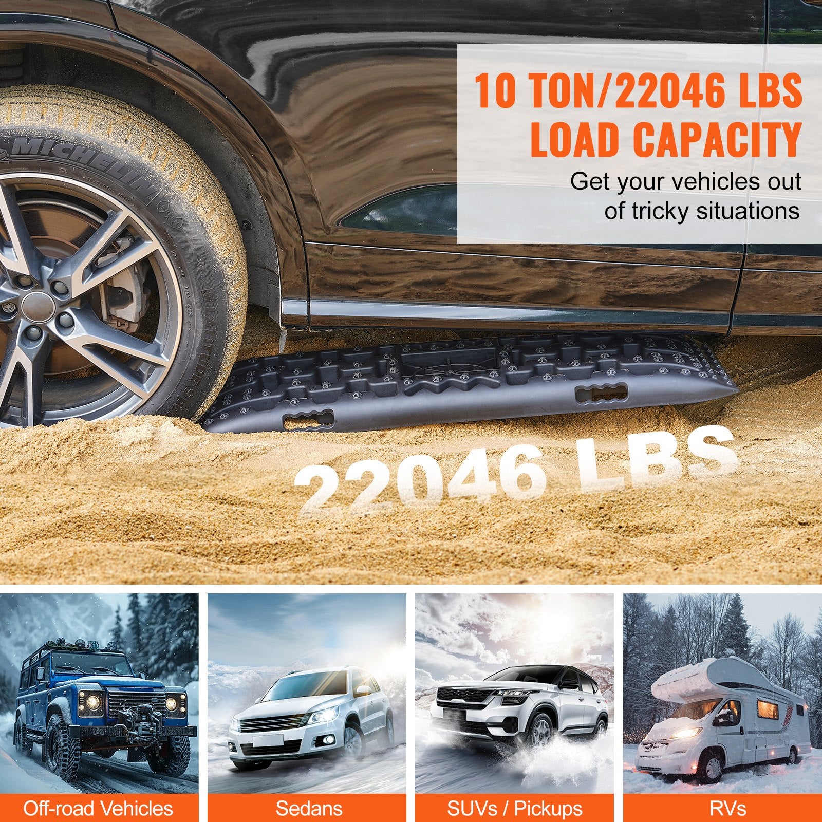 10 TON Traction Boards PP Recovery Mats for Off-Road Vehicles Pair Long Black