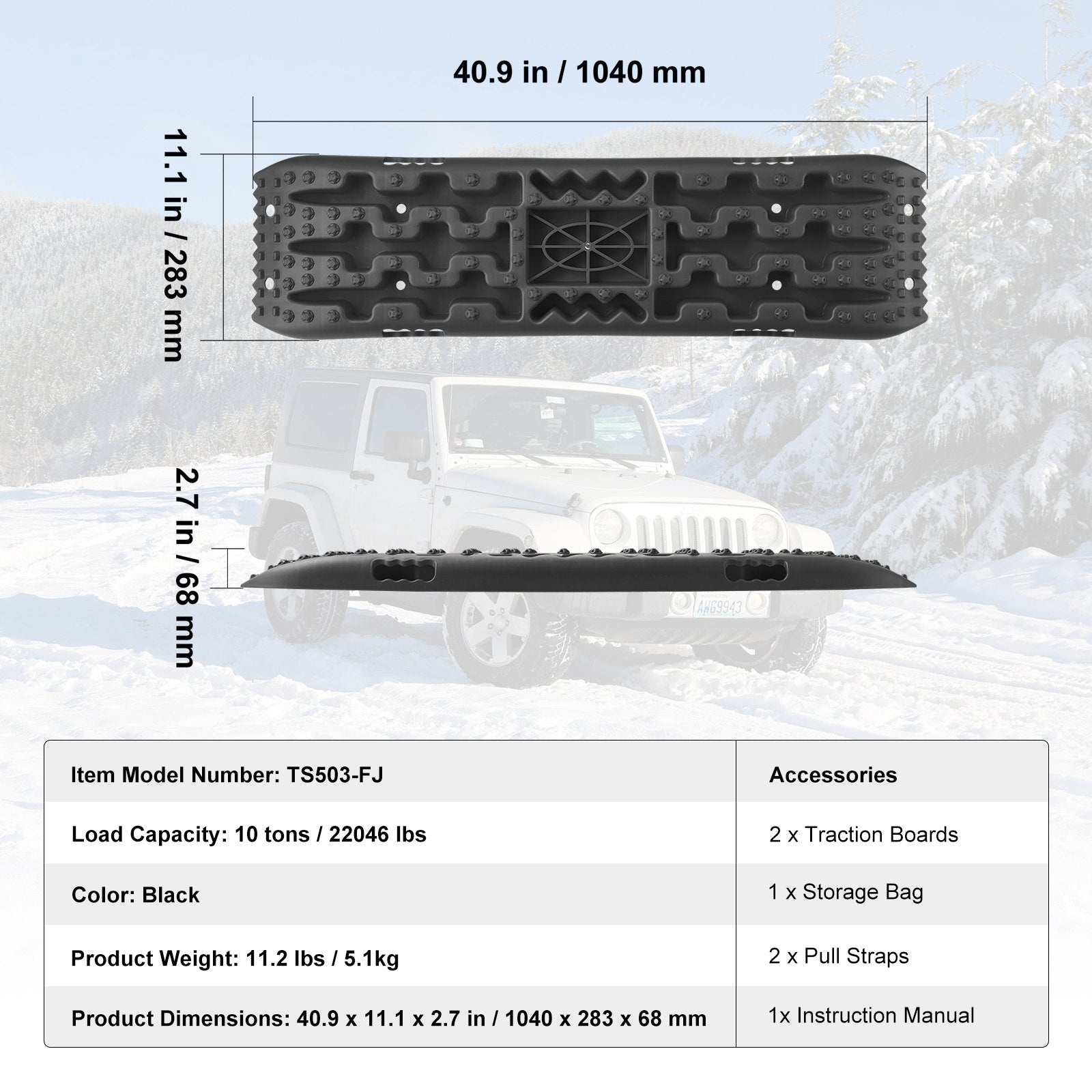 10 TON Traction Boards PP Recovery Mats for Off-Road Vehicles Pair Long Black