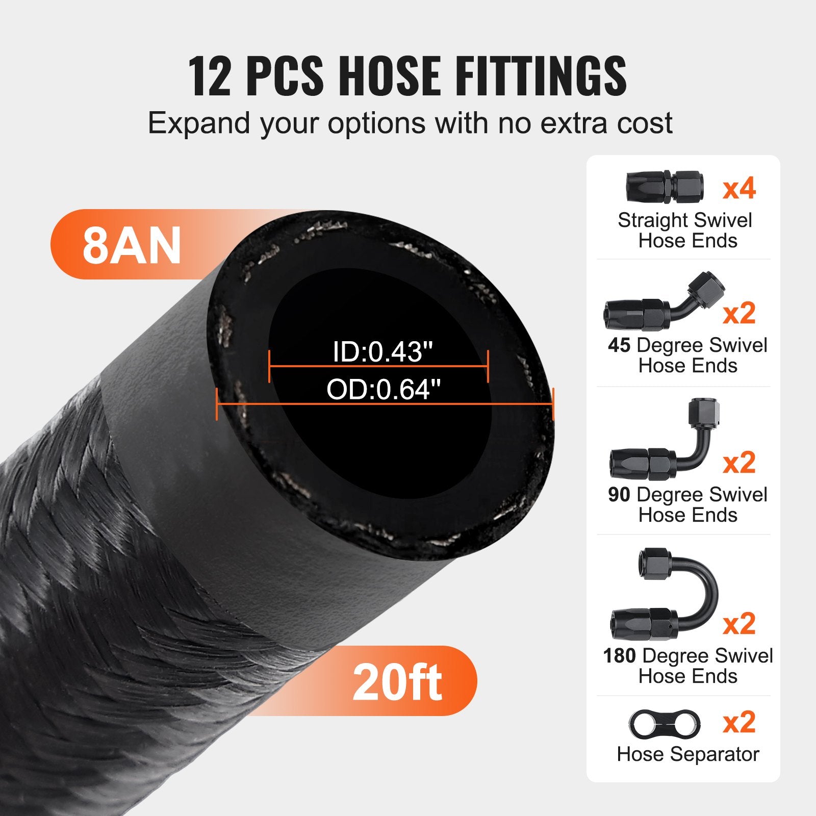 8AN Fuel Line Kit 20ft Nylon Stainless Steel Braided Hose with 12 Fittings
