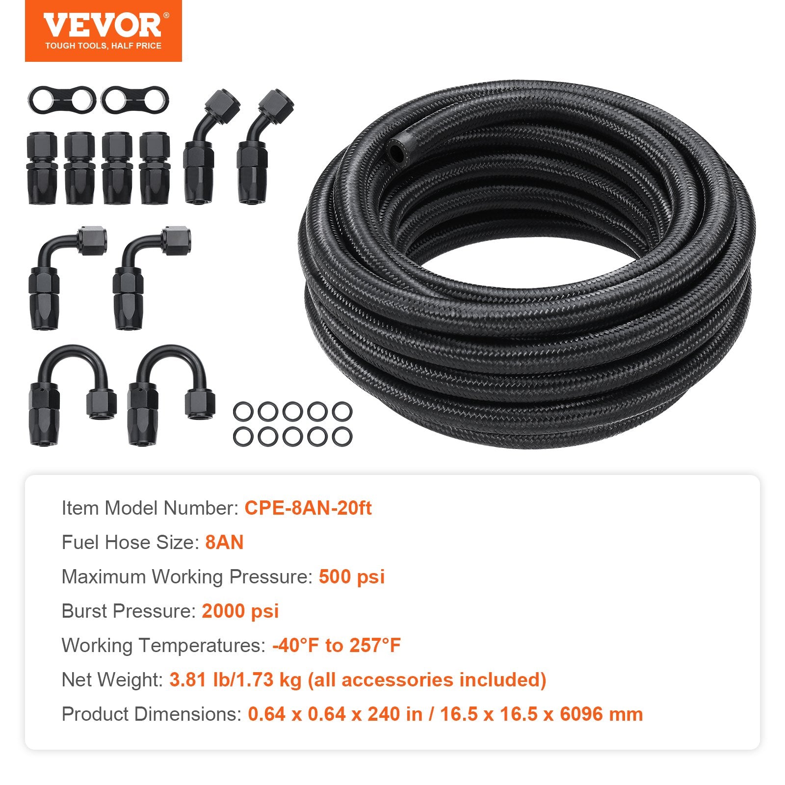 8AN Fuel Line Kit 20ft Nylon Stainless Steel Braided Hose with 12 Fittings