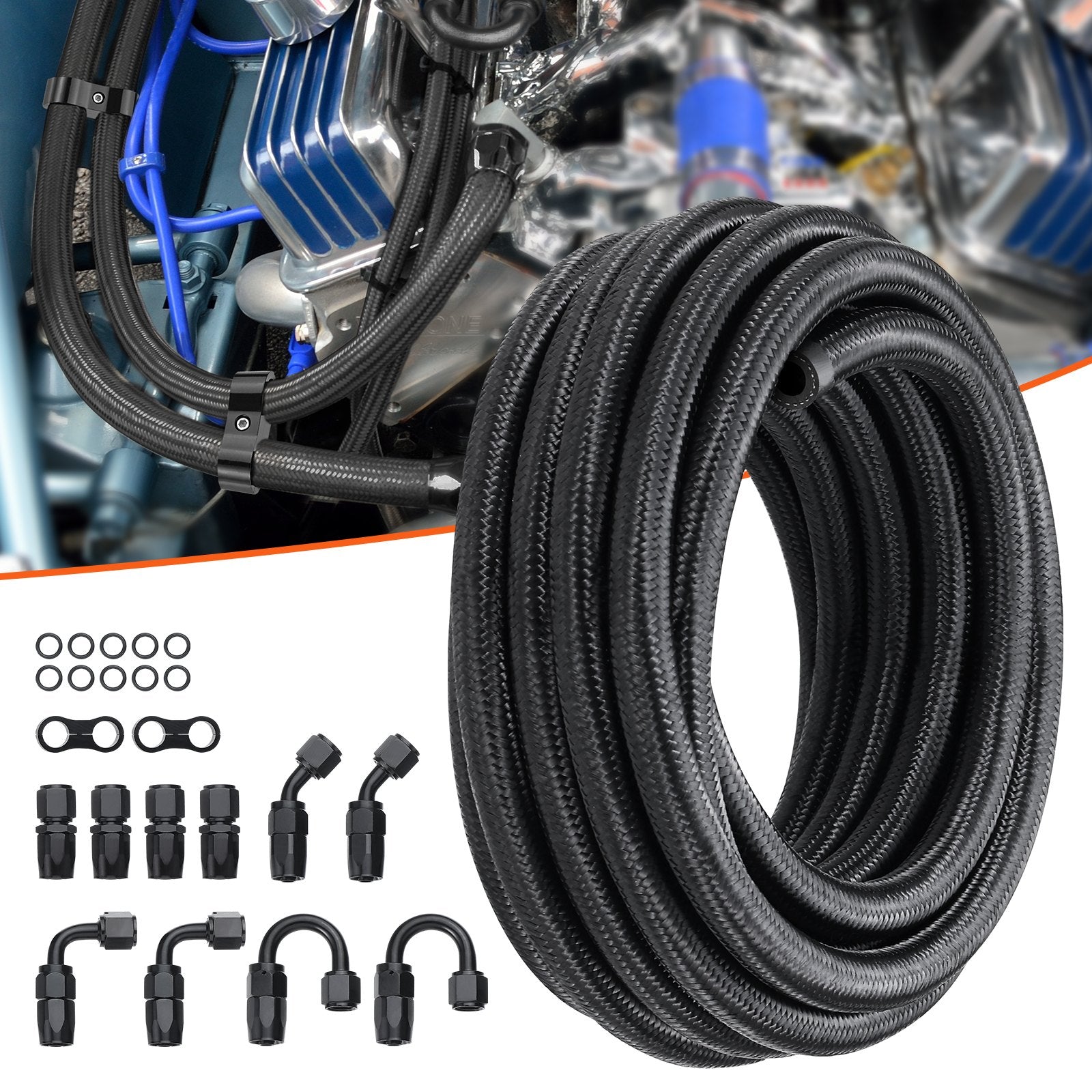 8AN Fuel Line Kit 20ft Nylon Stainless Steel Braided Hose with 12 Fittings