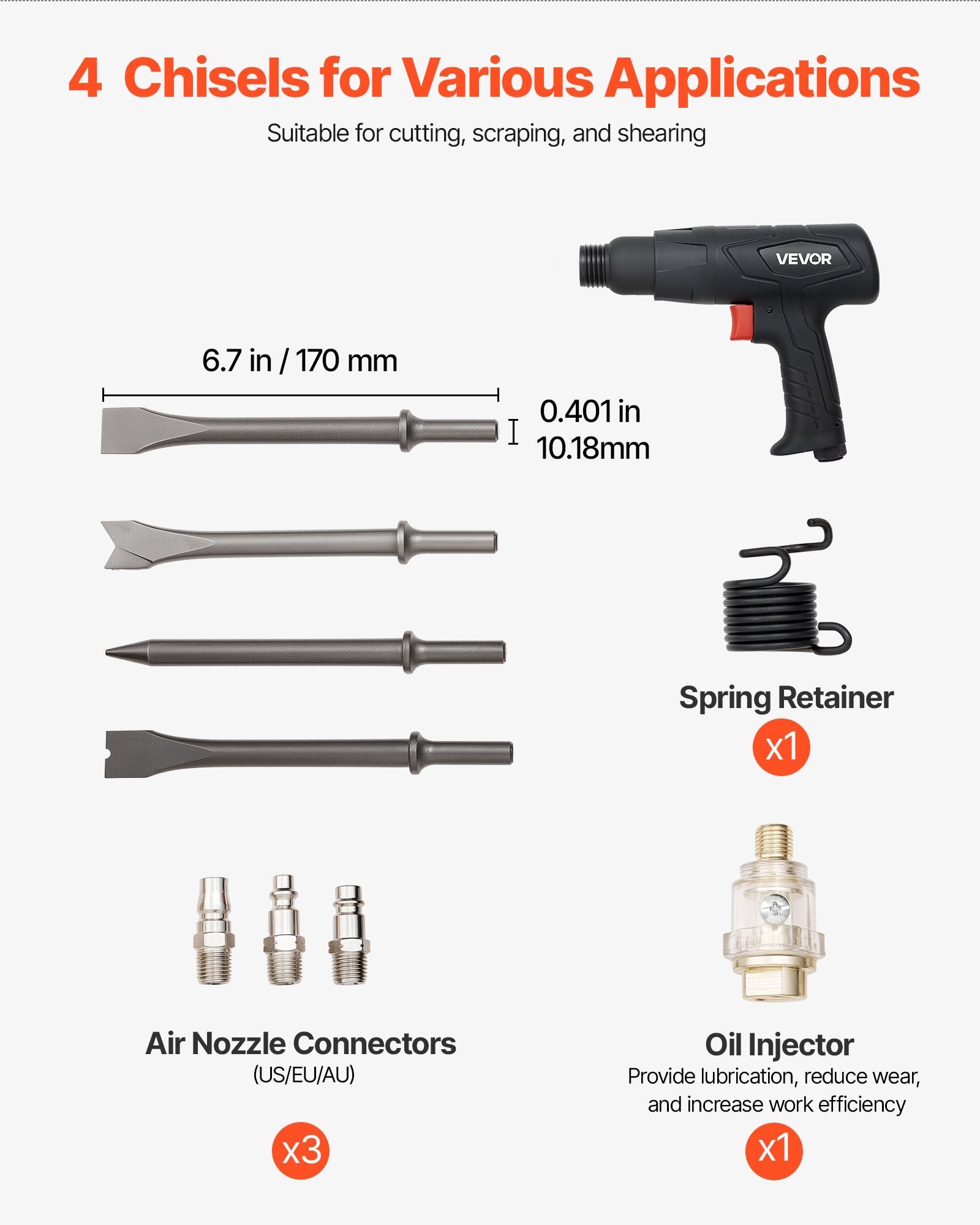 Air Hammer Pneumatic Chisel Tool 40–70mm Stroke Cutting Scraping Kit