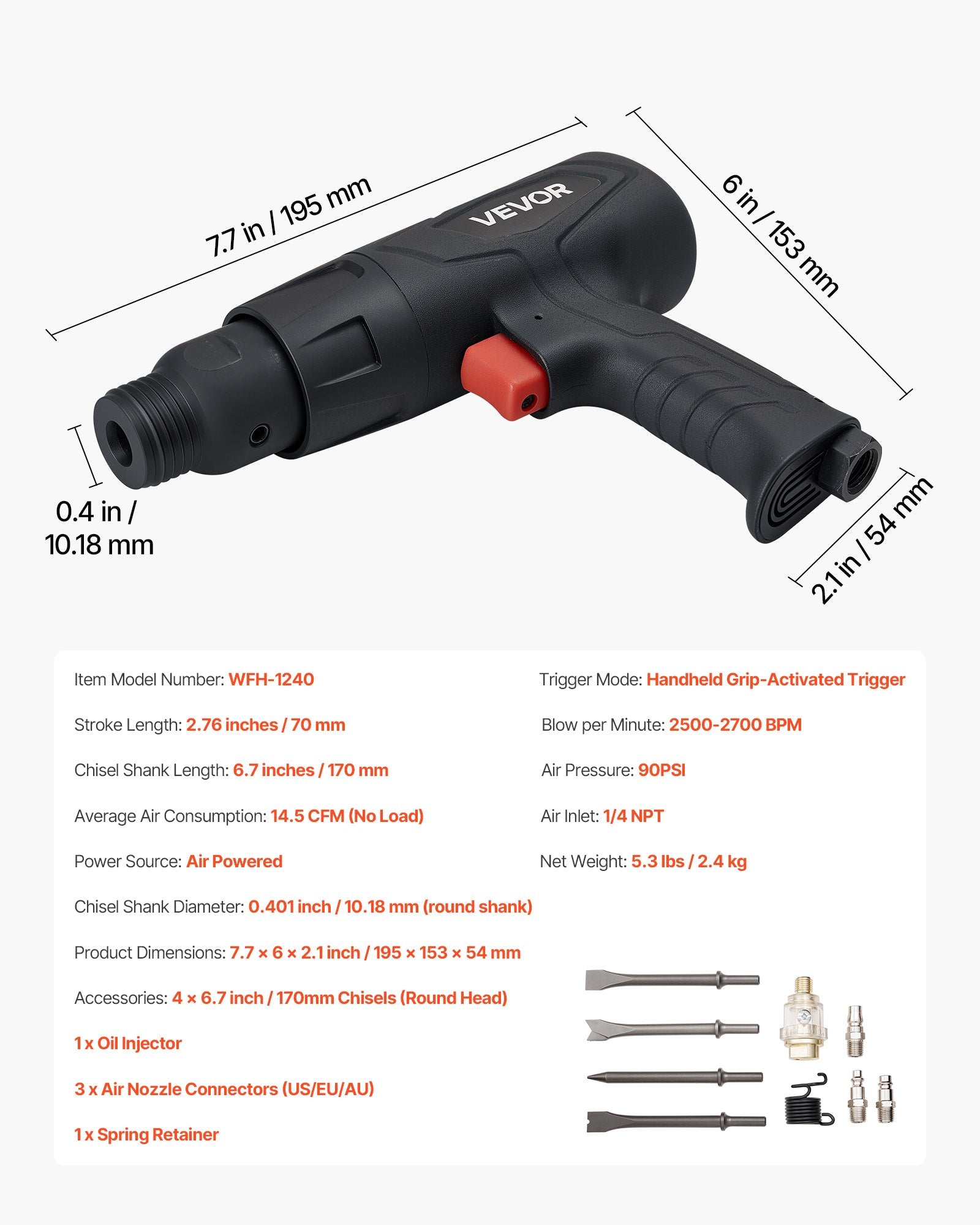 Air Hammer Pneumatic Chisel Tool 40–70mm Stroke Cutting Scraping Kit