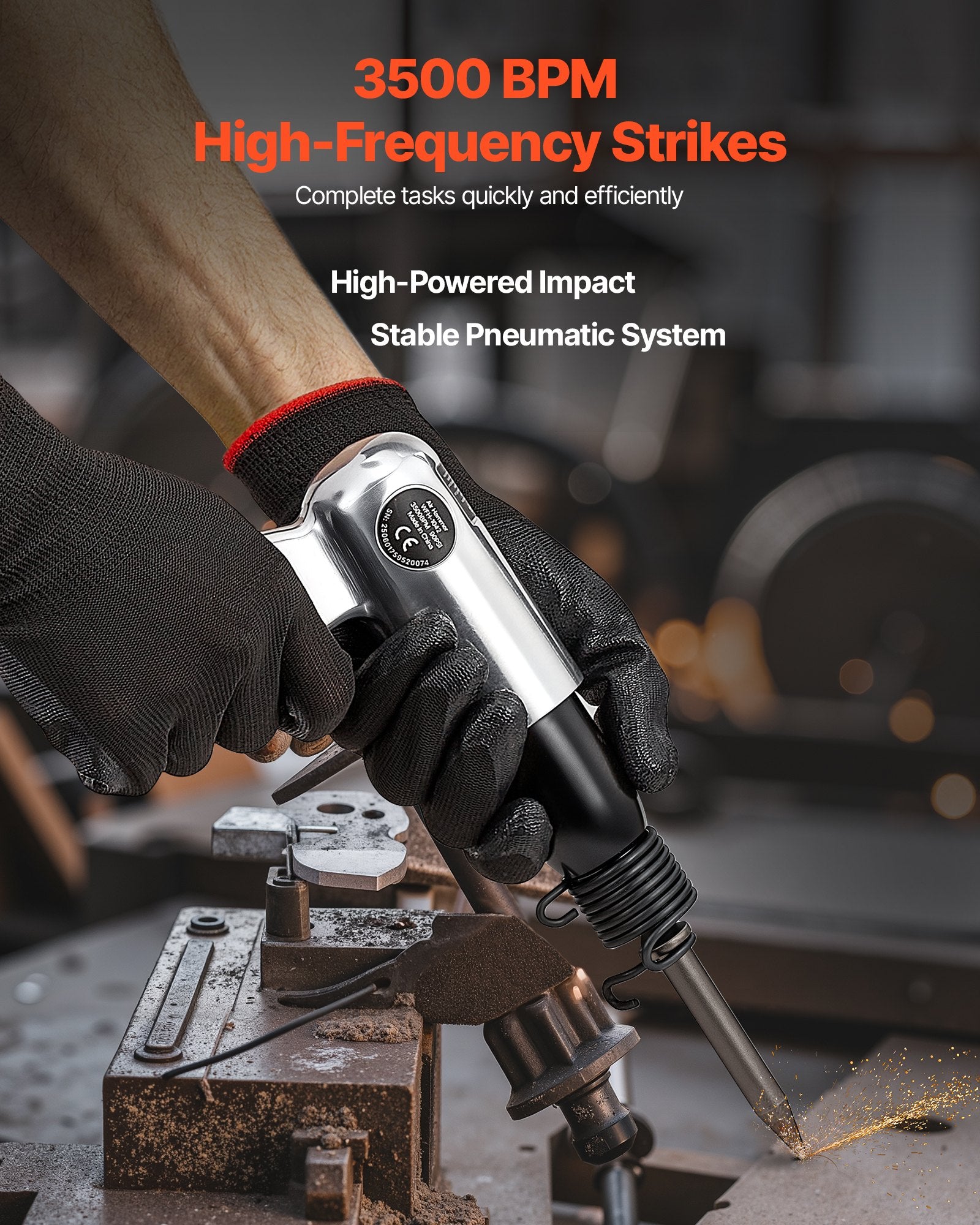Air Hammer 3500BPM, 70mm Stroke with 4PCS Chisels, Pistol-Grip Pneumatic Tool