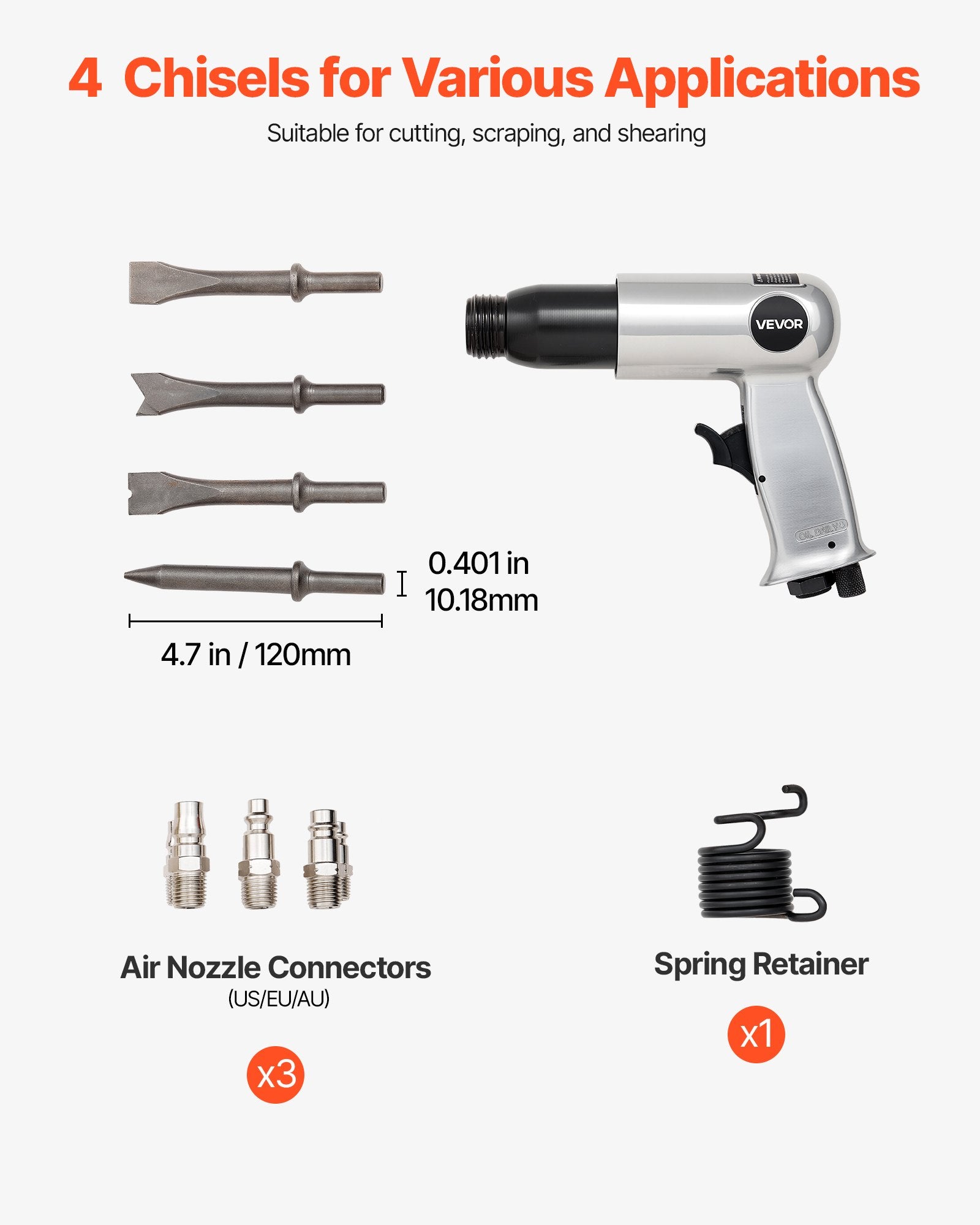 Air Hammer 3500BPM, 70mm Stroke with 4PCS Chisels, Pistol-Grip Pneumatic Tool
