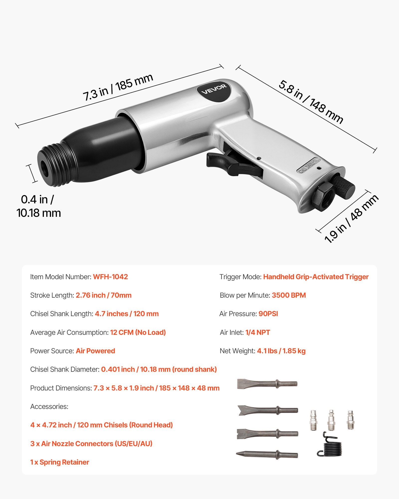 Air Hammer 3500BPM, 70mm Stroke with 4PCS Chisels, Pistol-Grip Pneumatic Tool