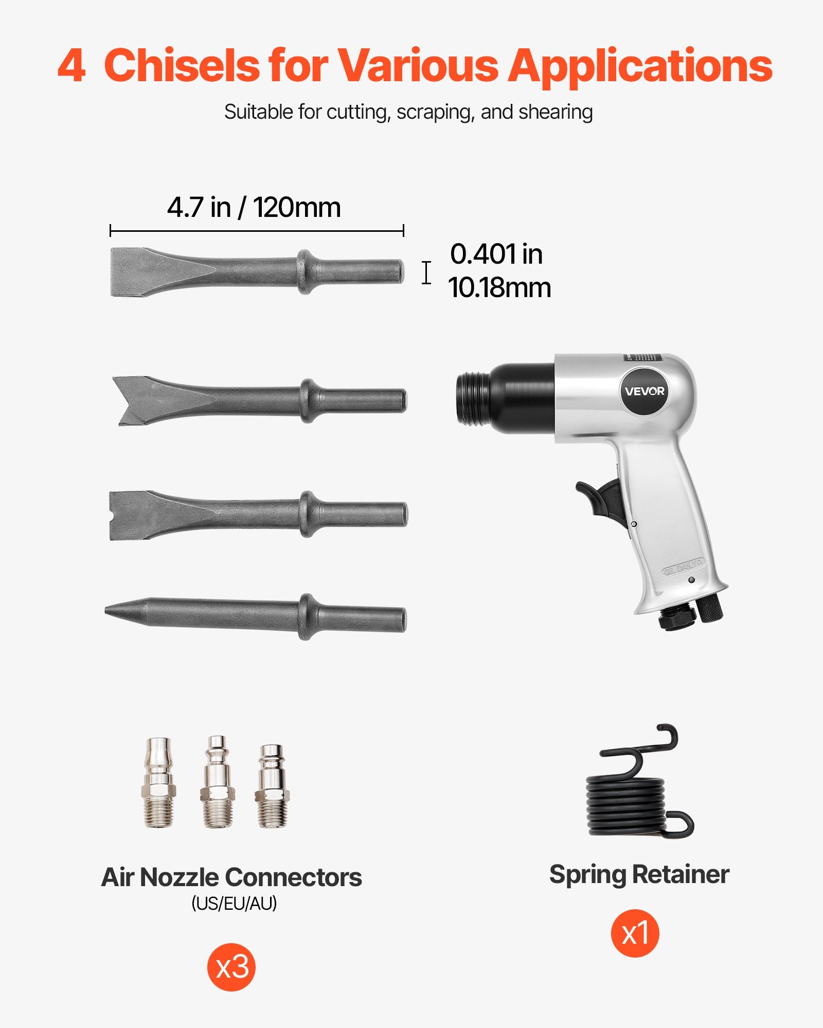 Air Hammer Pneumatic Chisel Tool 40–70mm Stroke Cutting Scraping Kit