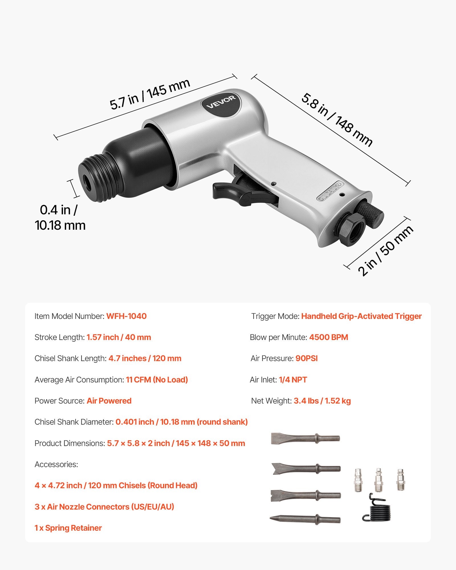 Air Hammer Pneumatic Chisel Tool 40–70mm Stroke Cutting Scraping Kit