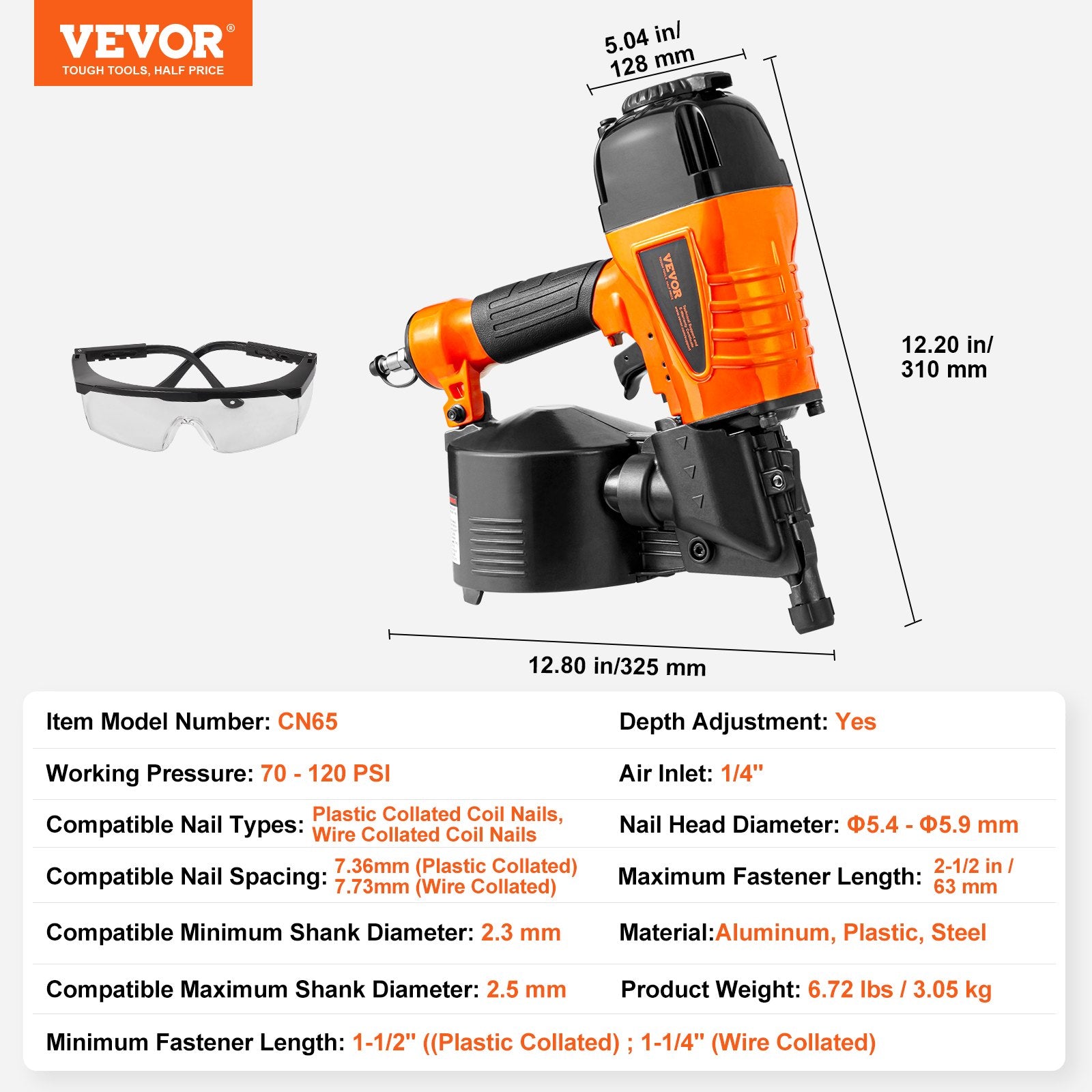 Coil Siding Nailer CN65 32-63mm 15° Nail Gun Tool-Less Depth 70-120PSI