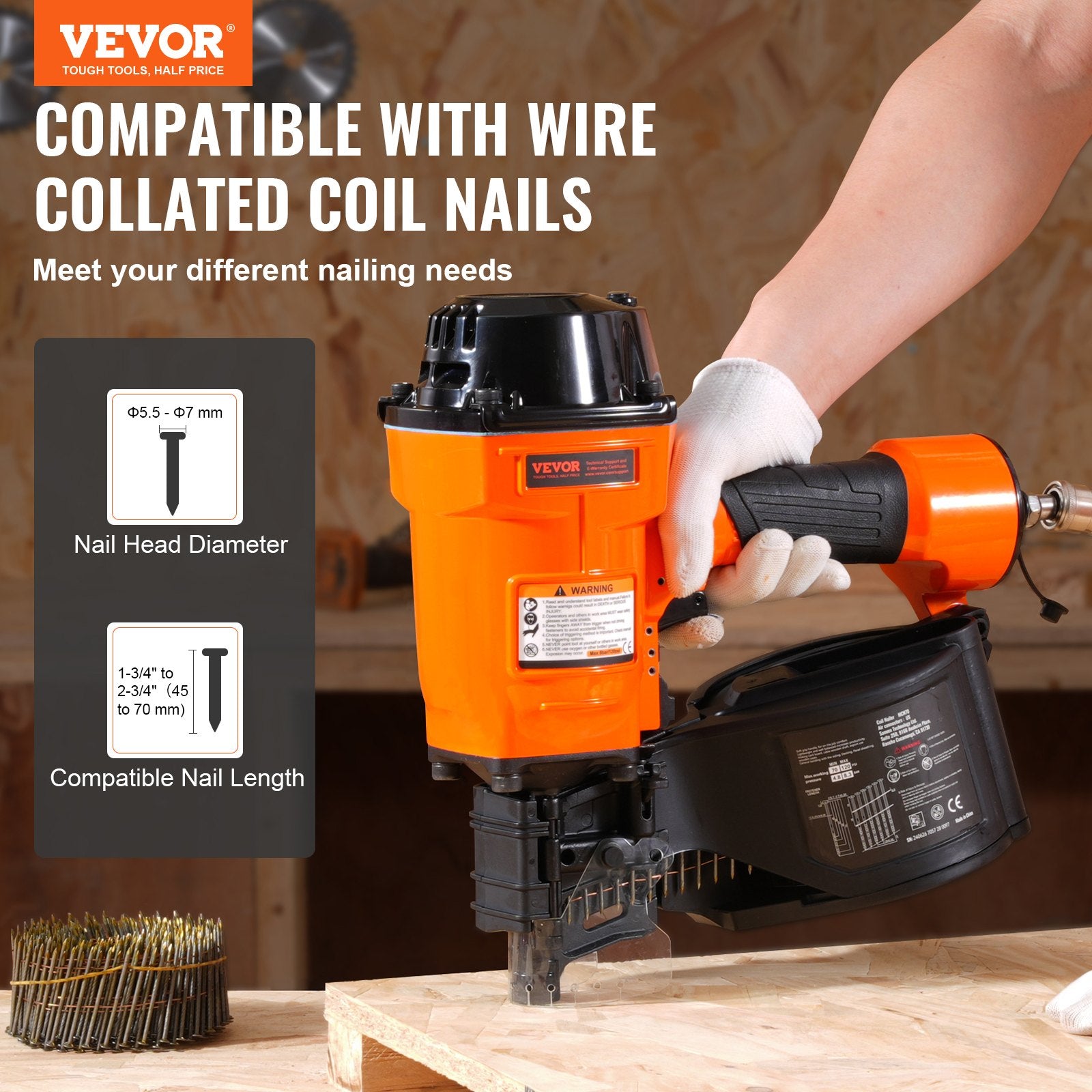 MCN70 Coil Siding Nailer 45-70mm 15° Pneumatic Nail Gun 70-120PSI for Framing