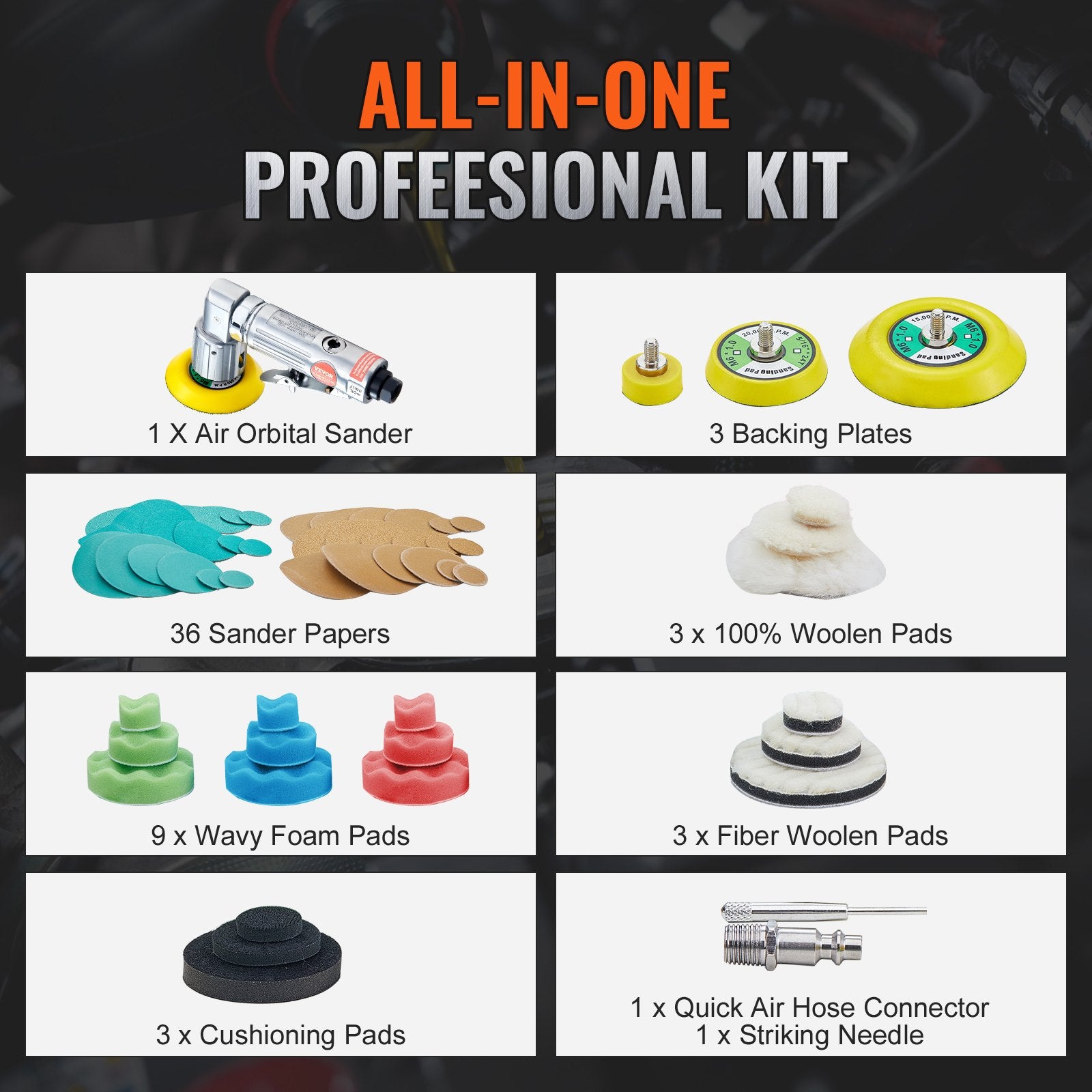 Mini Air Sander 1"/2"/3", 15000r/min Random Orbital with 58PCS Kit for Auto Body