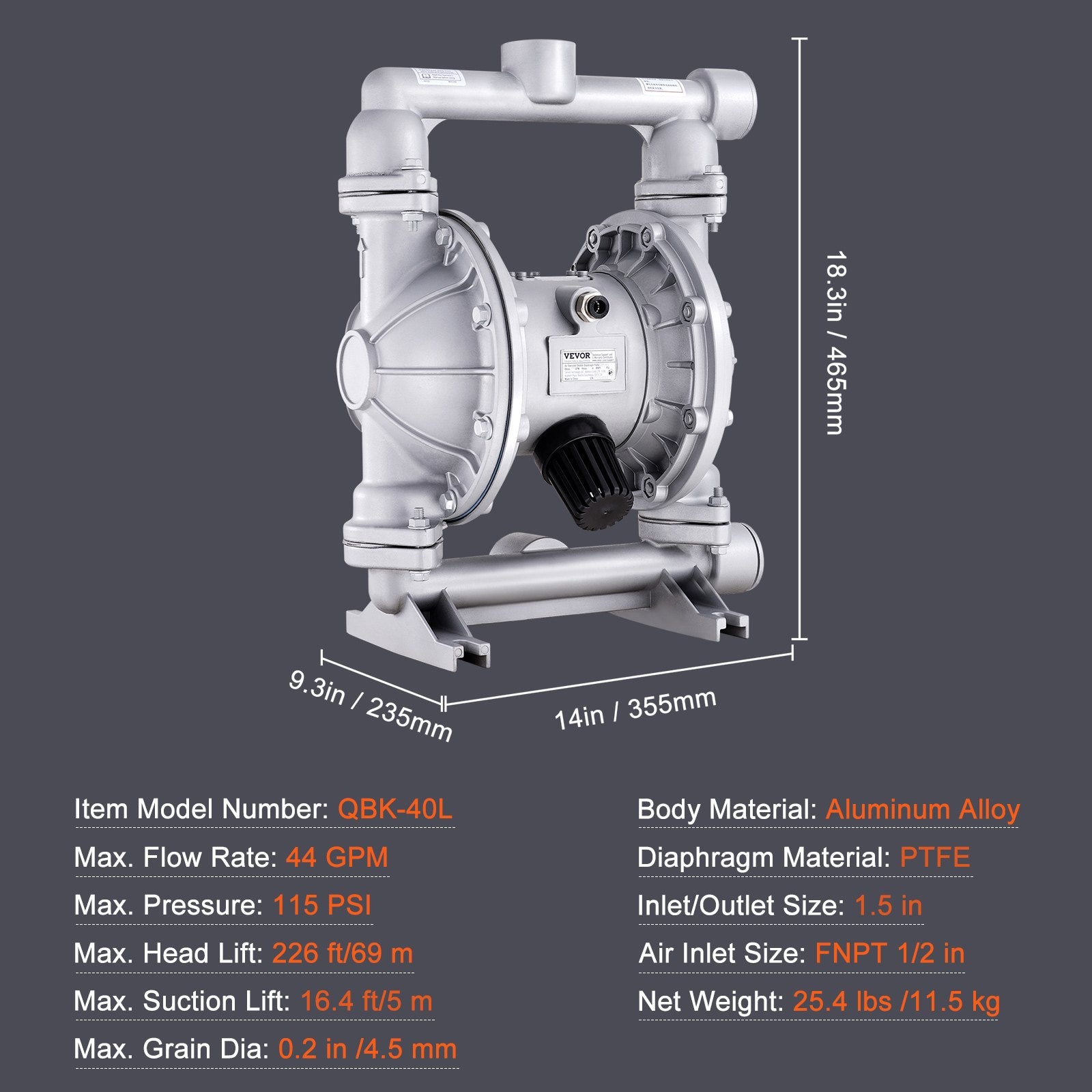 Air Operated Double Diaphragm Pump 44GPM 115PSI Aluminum Oil Pump