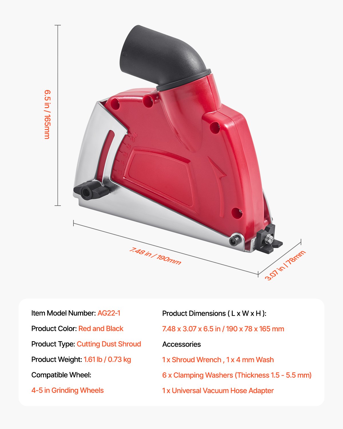 Cutting Dust Shroud 100-125mm Angle Grinders Adjustable Depth 6 Clamping Washers