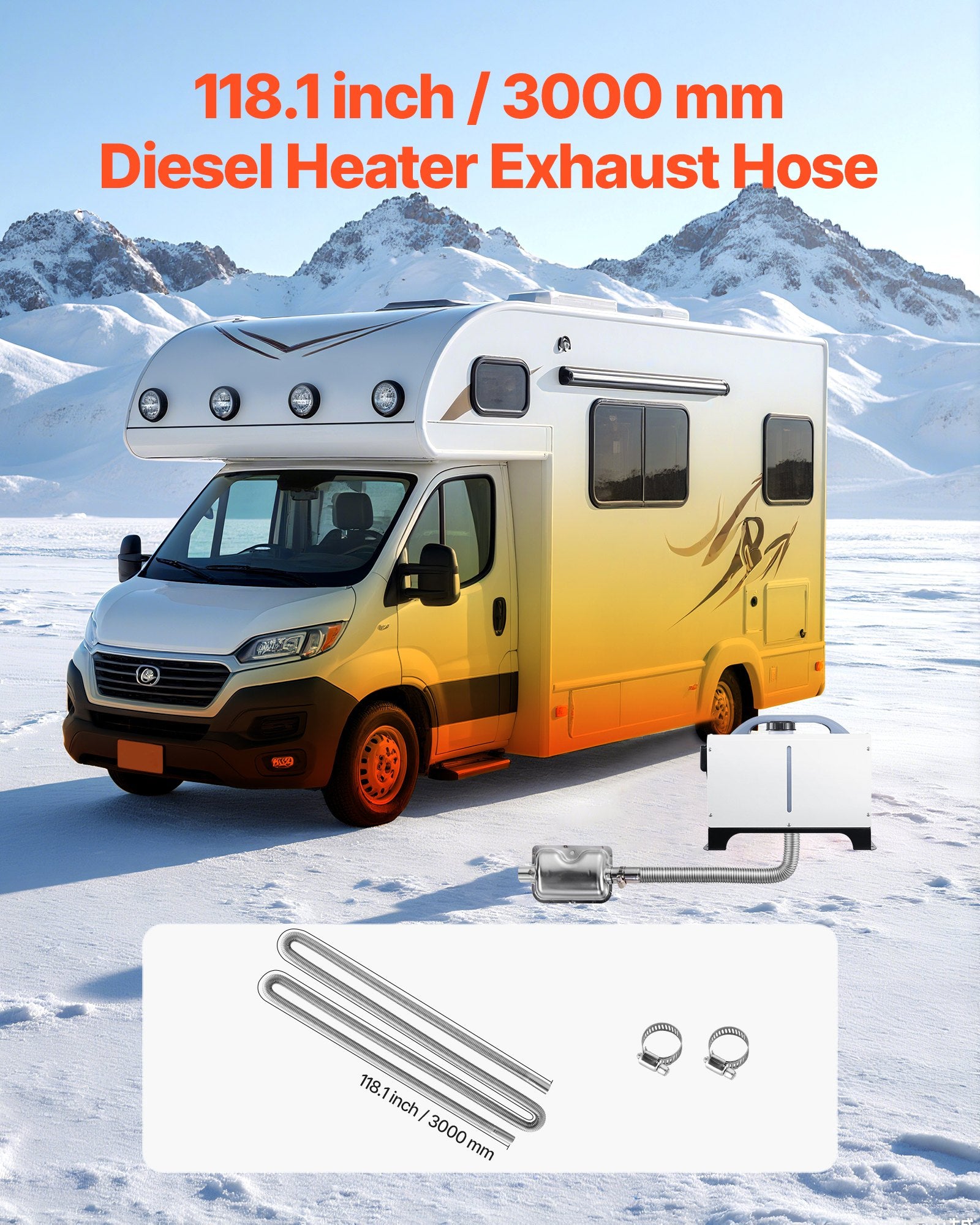 3000mm Stainless Steel Diesel Heater Exhaust Hose Kit w/ 2 Clamps