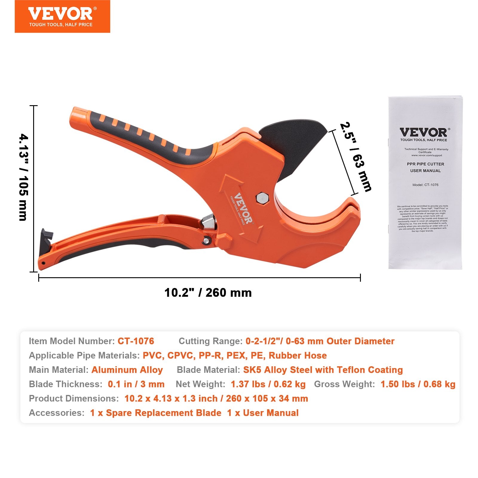 PVC Pipe Cutter 0-2-1/2" Ratcheting Heavy Duty Tube Cutting Tool with SpareBlade