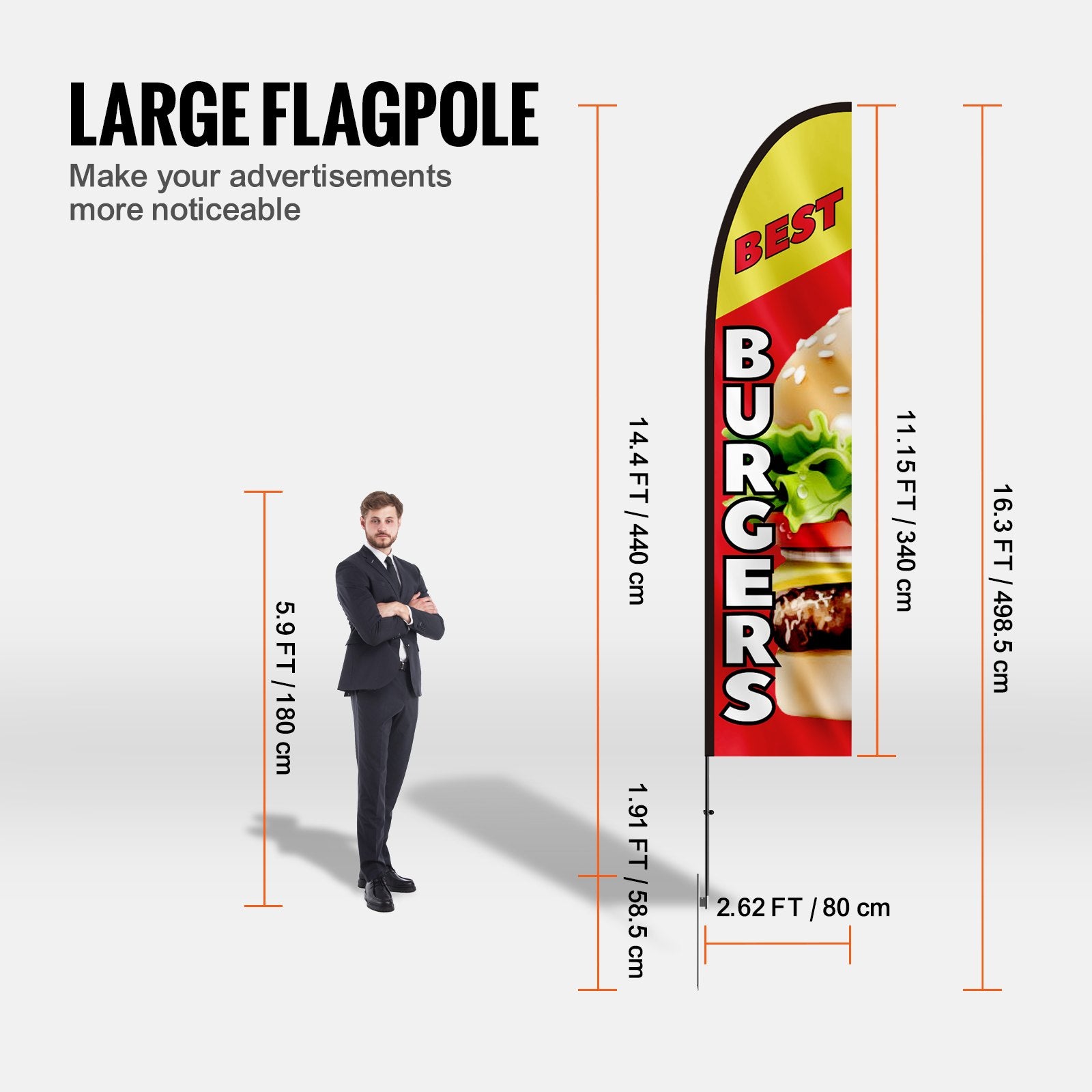 Burger Restaurant Advertising Feather Flag 16.3FT with Pole Kit Ground Stake