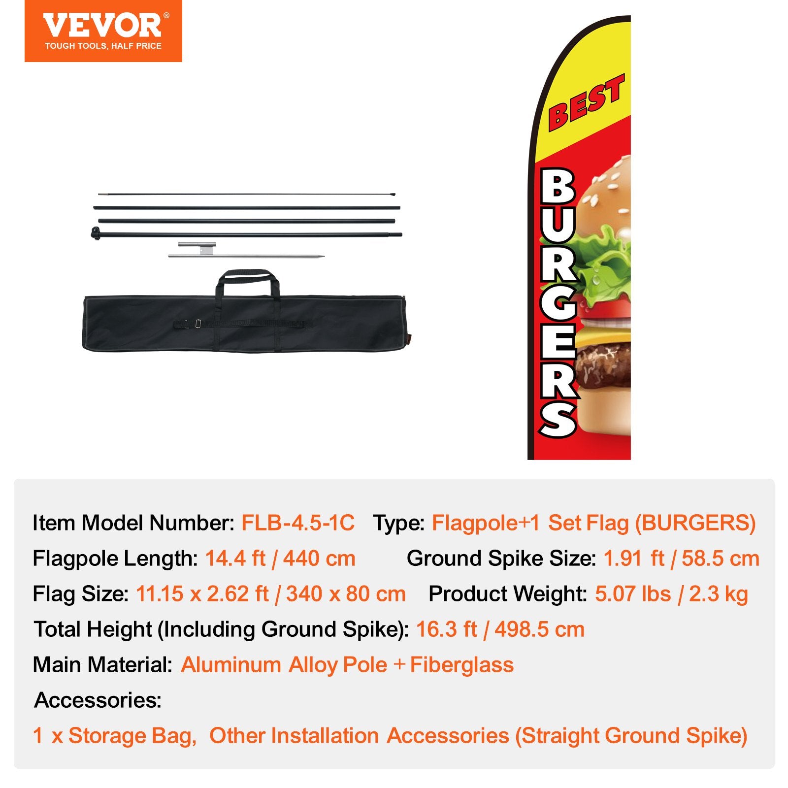 Burger Restaurant Advertising Feather Flag 16.3FT with Pole Kit Ground Stake
