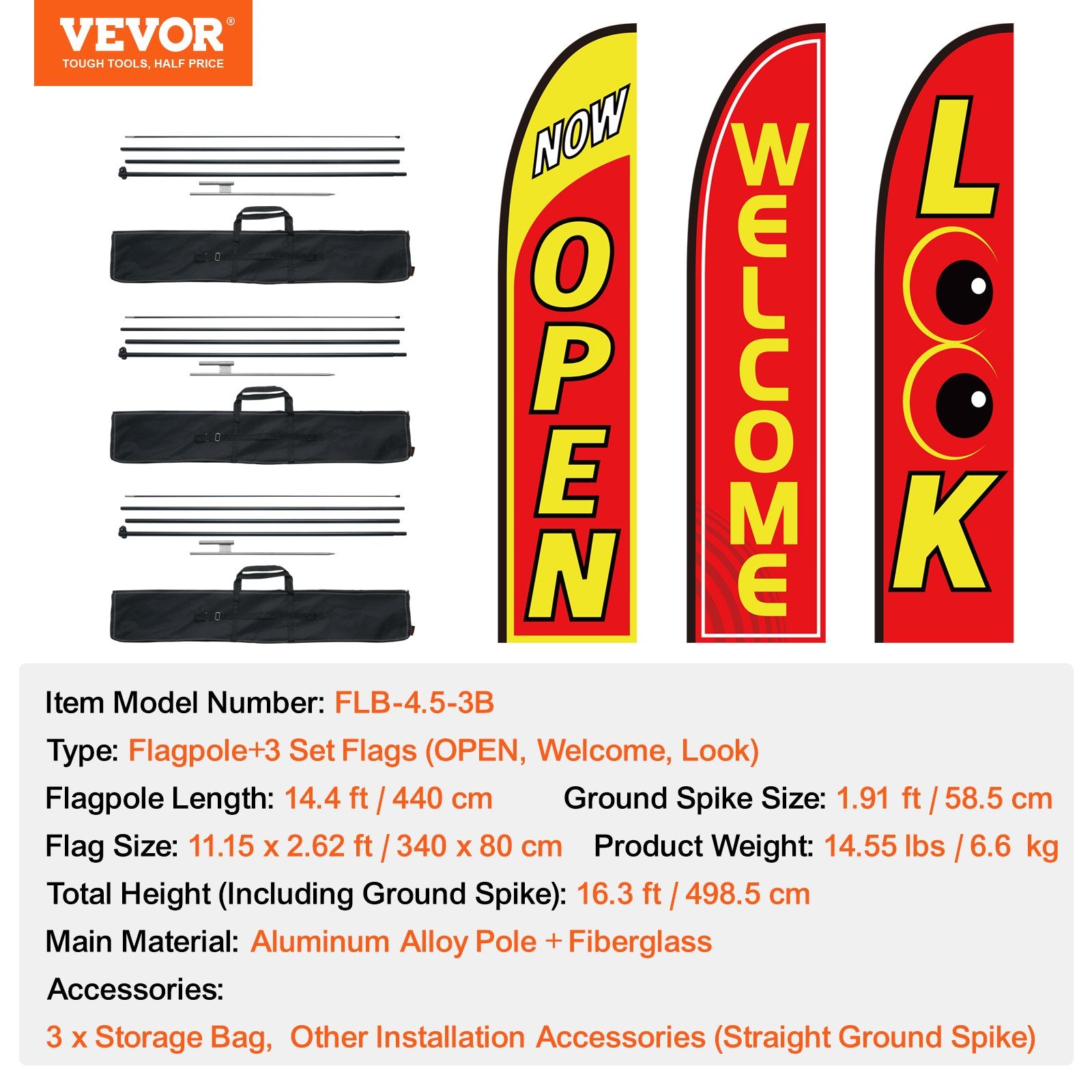 16.3FT Open, Look, Welcome Feather Flags with 3 Poles and Ground Stakes