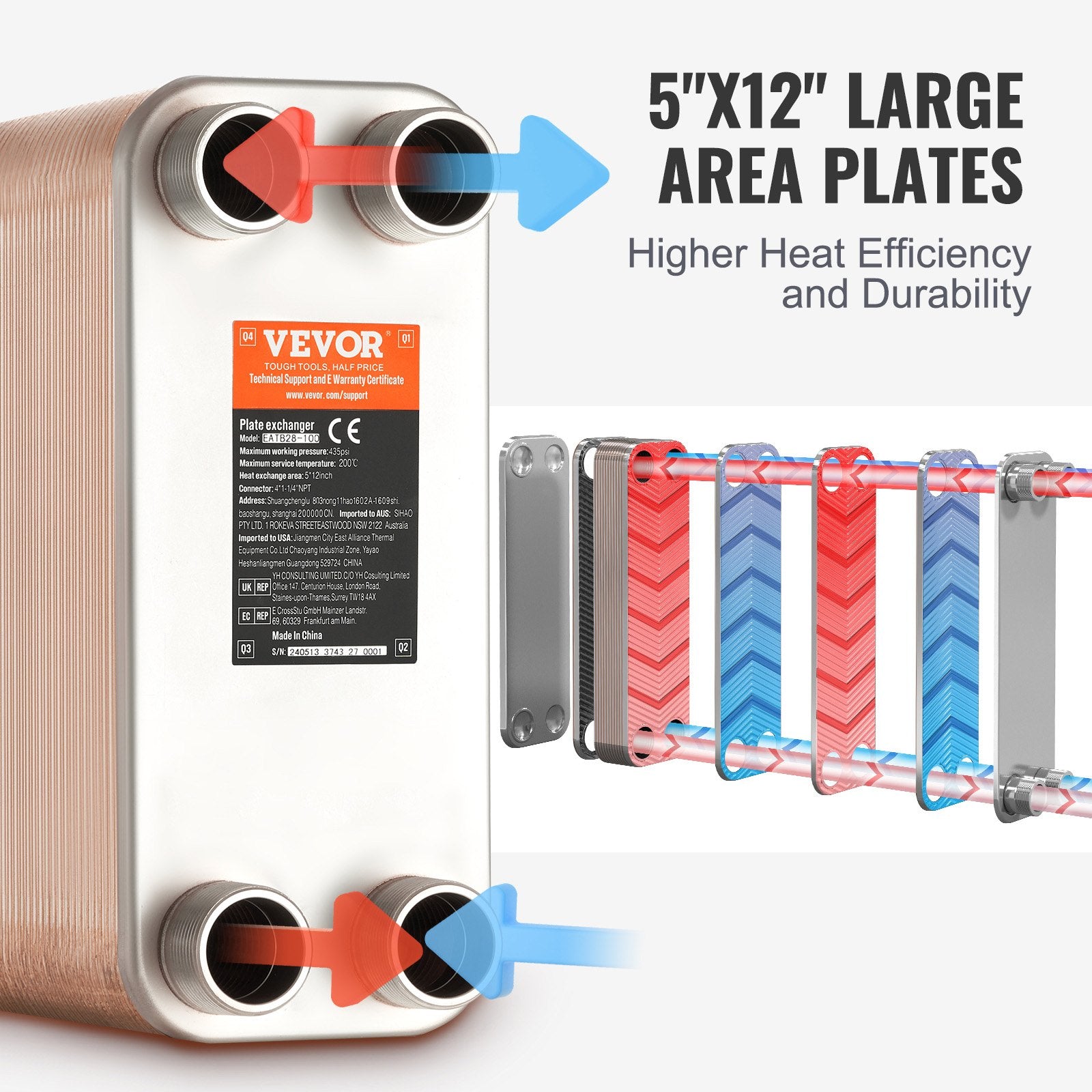 Heat Exchanger 5"x12" 80 Plates Copper/316L Water to Water for Heating