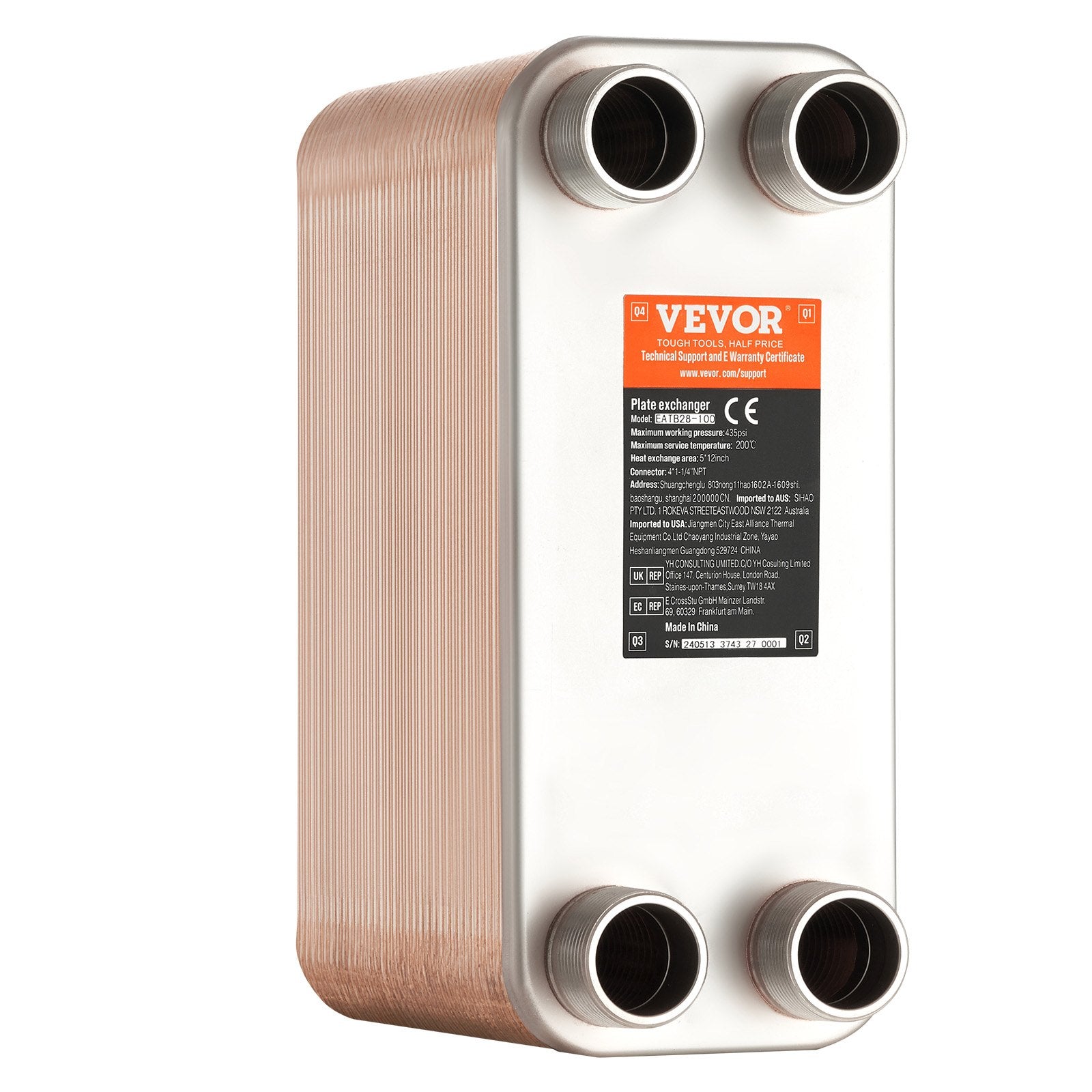 Heat Exchanger 5"x12" 80 Plates Copper/316L Water to Water for Heating