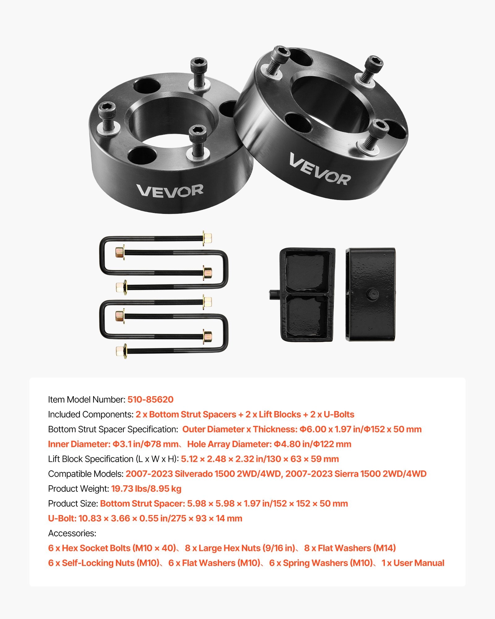 76.2mm Front 50.8mm Rear Leveling Lift Kit 2007-2023 Silverado Sierra 1500