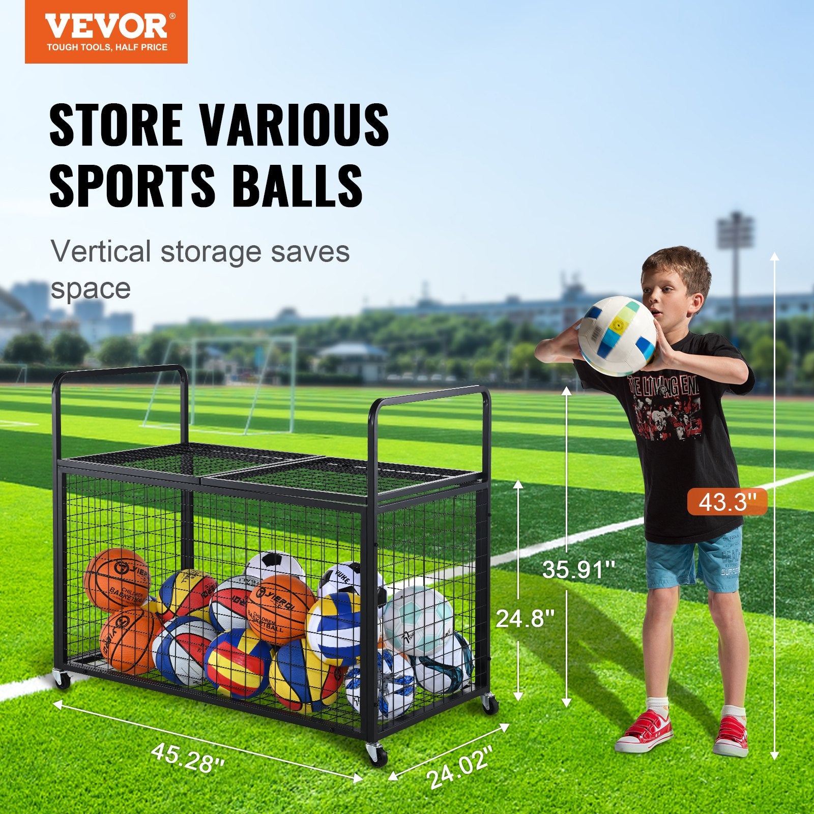 Rolling Sports Ball Storage Cart Lockable Basketball Cage Steel Equipment Rack
