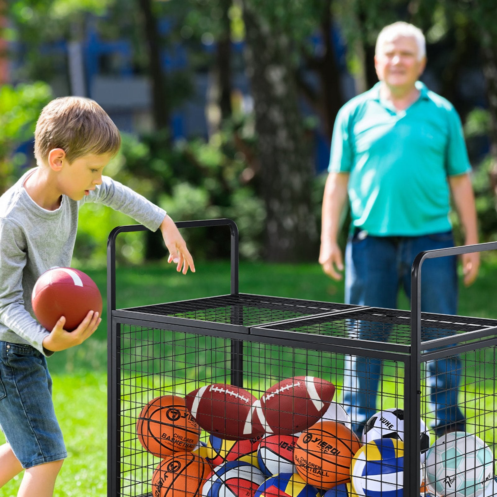 Rolling Sports Ball Storage Cart Lockable Basketball Cage Steel Equipment Rack