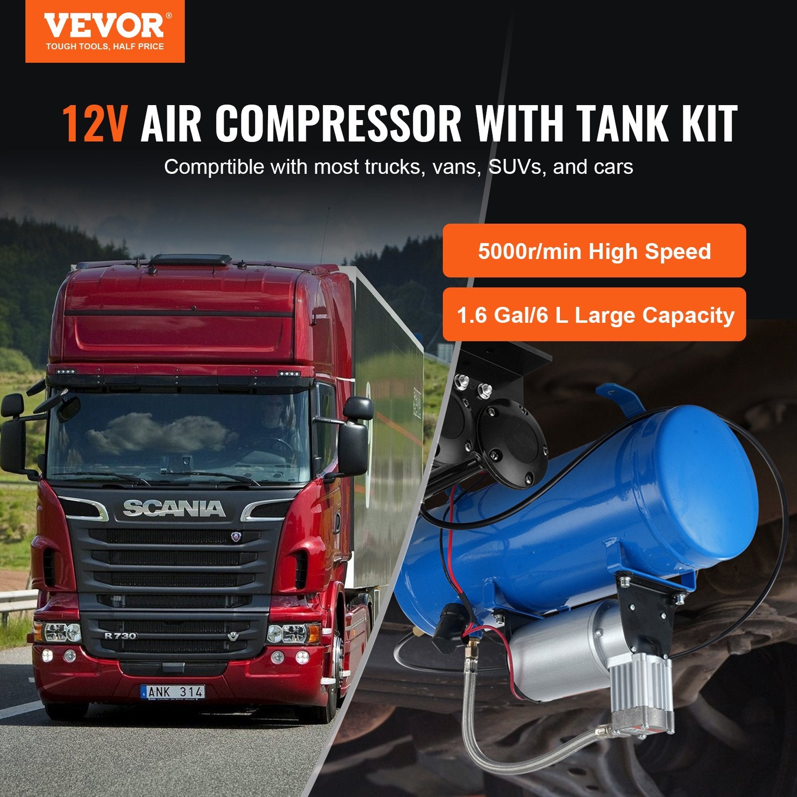 12V Air Compressor with 1.6Gal/6L Tank 120psi for Train Horns & Tire Inflation