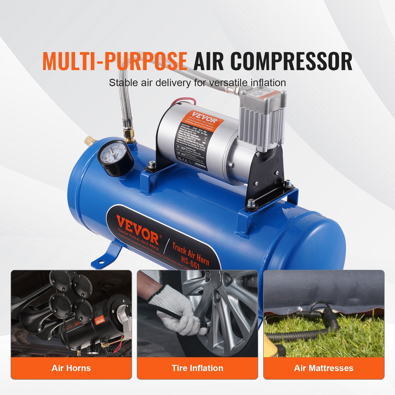 12V Air Compressor with 1.6Gal/6L Tank 120psi for Train Horns & Tire Inflation