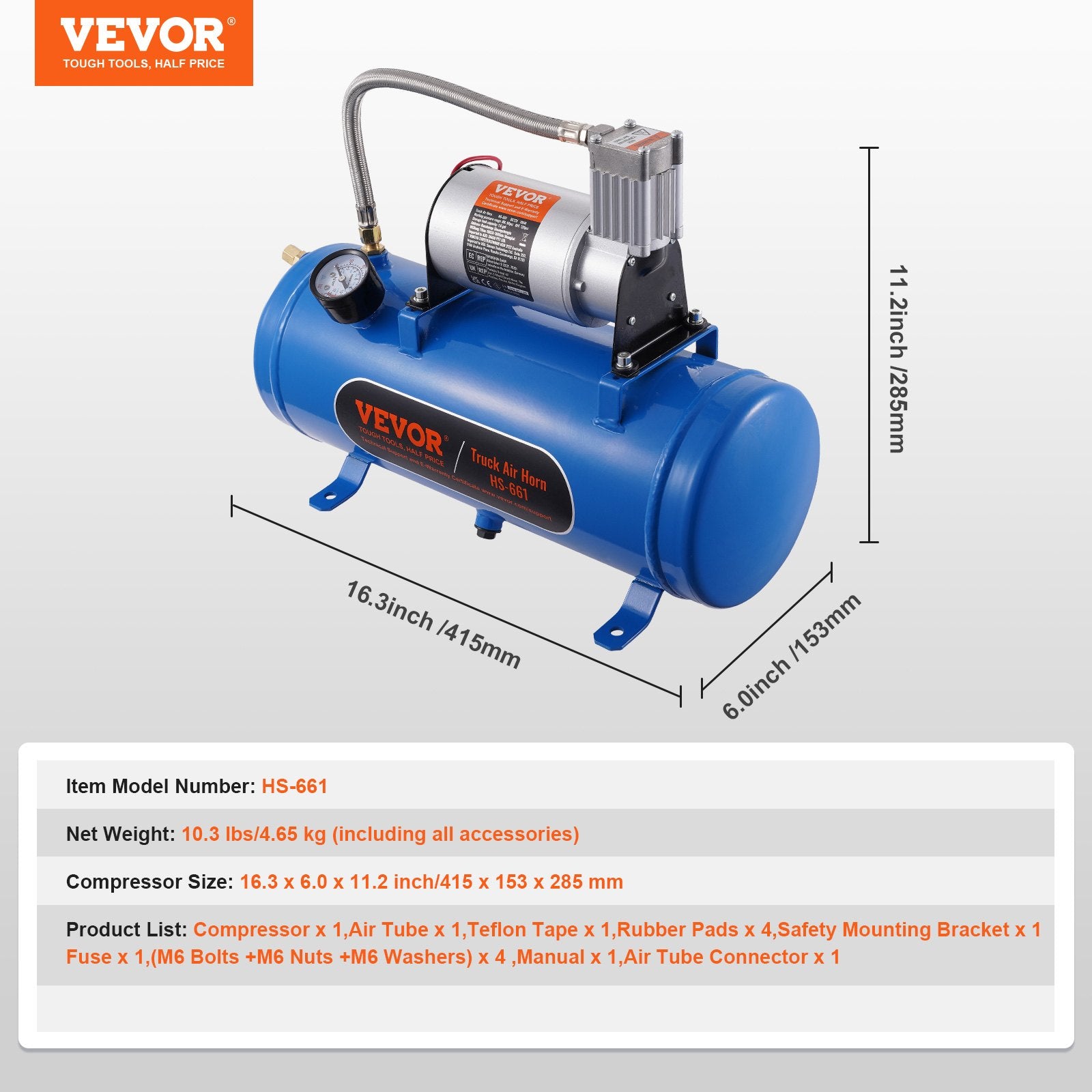 12V Air Compressor with 1.6Gal/6L Tank 120psi for Train Horns & Tire Inflation